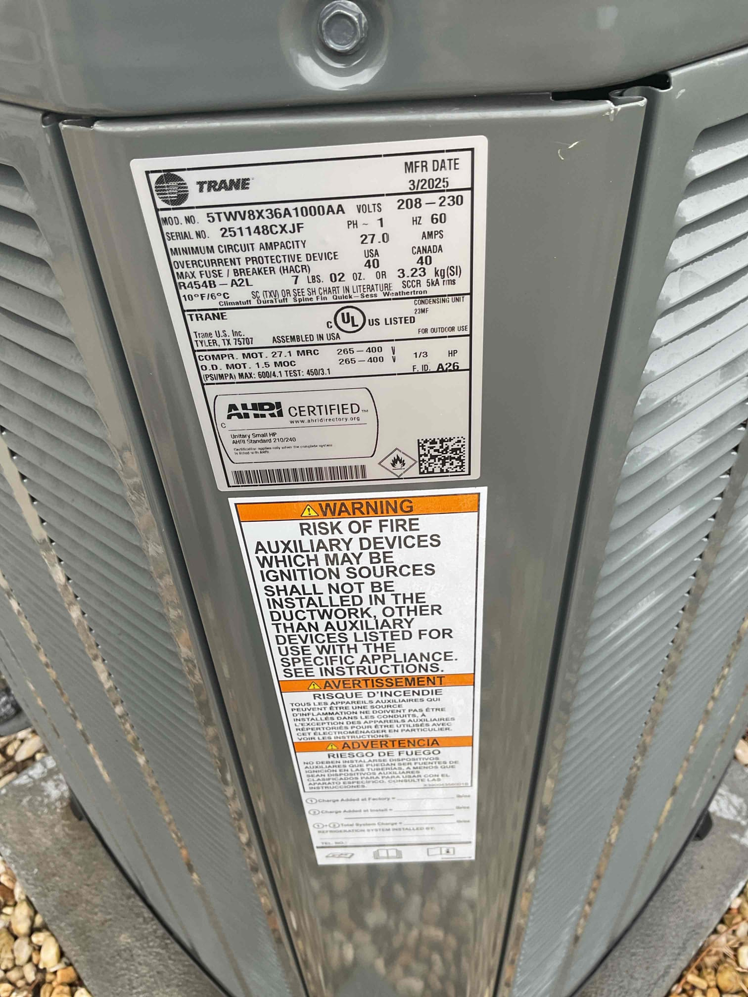 Luis 1-9-26 perform heat tuneup on a one year-old trane fully communicating heat pump system. Went to the indoor air handler and outside heat pump check checked refrigerant charge through thermostat no error it’s showing. I also tested 10 KW back up heat ok. Replacement of 413 filter. Refrigerant levels and Oreos. I corrected low voltage wiring on outside and used different anchor for thermostat base. Cycle heat pump ok. We also lock out electric heat at 35° per customer request. 