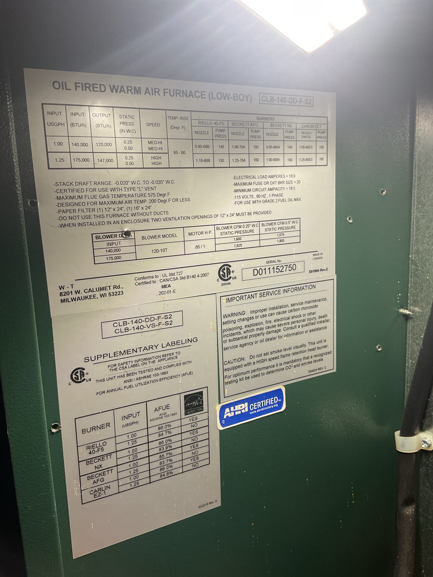 Performed precision oil tune up on Williamson oil furnace. 20x25x5 filter is ok. Checked all electrical connections and components. Replaced.85x60b nozzle. Garbar oil filter was replaced last year. Performed smoke and combustion test. Asked customer about doing tune up on heat pump, she is going to wait until a/c season. Brushed soot from chimney base and heat exchanger. Oil furnace is working properly at time of service. 