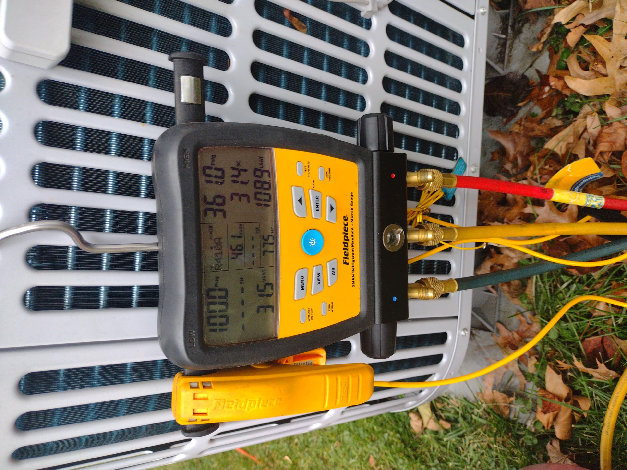 Luis 1-9-26 customer called in for heat pump not keeping up found thermostat satisfied at 68 set 71  increased temperature on the thermostat and went outside. Check refrigerant levels on the Bosch heat pump. Noticed couple circuits started to iced up. Pressures were lower, I added 10 ounces 410 and pressures came back to normal. I check temperature rise 36 degrees with no electric heat. Cycle the heat pump couple times and thermostat satisfied at 72°. I also added dye to the system so next time when we come out to do inspection, we will need to check for any signs on an indoor and outside unit. No follow up needed until tuneup unless customer has other issues. 