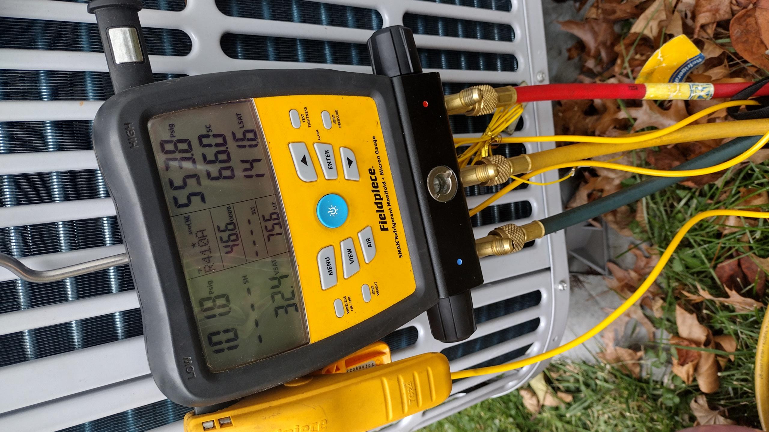 Luis 1-9-26 customer called in for heat pump not keeping up found thermostat satisfied at 68 set 71  increased temperature on the thermostat and went outside. Check refrigerant levels on the Bosch heat pump. Noticed couple circuits started to iced up. Pressures were lower, I added 10 ounces 410 and pressures came back to normal. I check temperature rise 36 degrees with no electric heat. Cycle the heat pump couple times and thermostat satisfied at 72°. I also added dye to the system so next time when we come out to do inspection, we will need to check for any signs on an indoor and outside unit. No follow up needed until tuneup unless customer has other issues. 