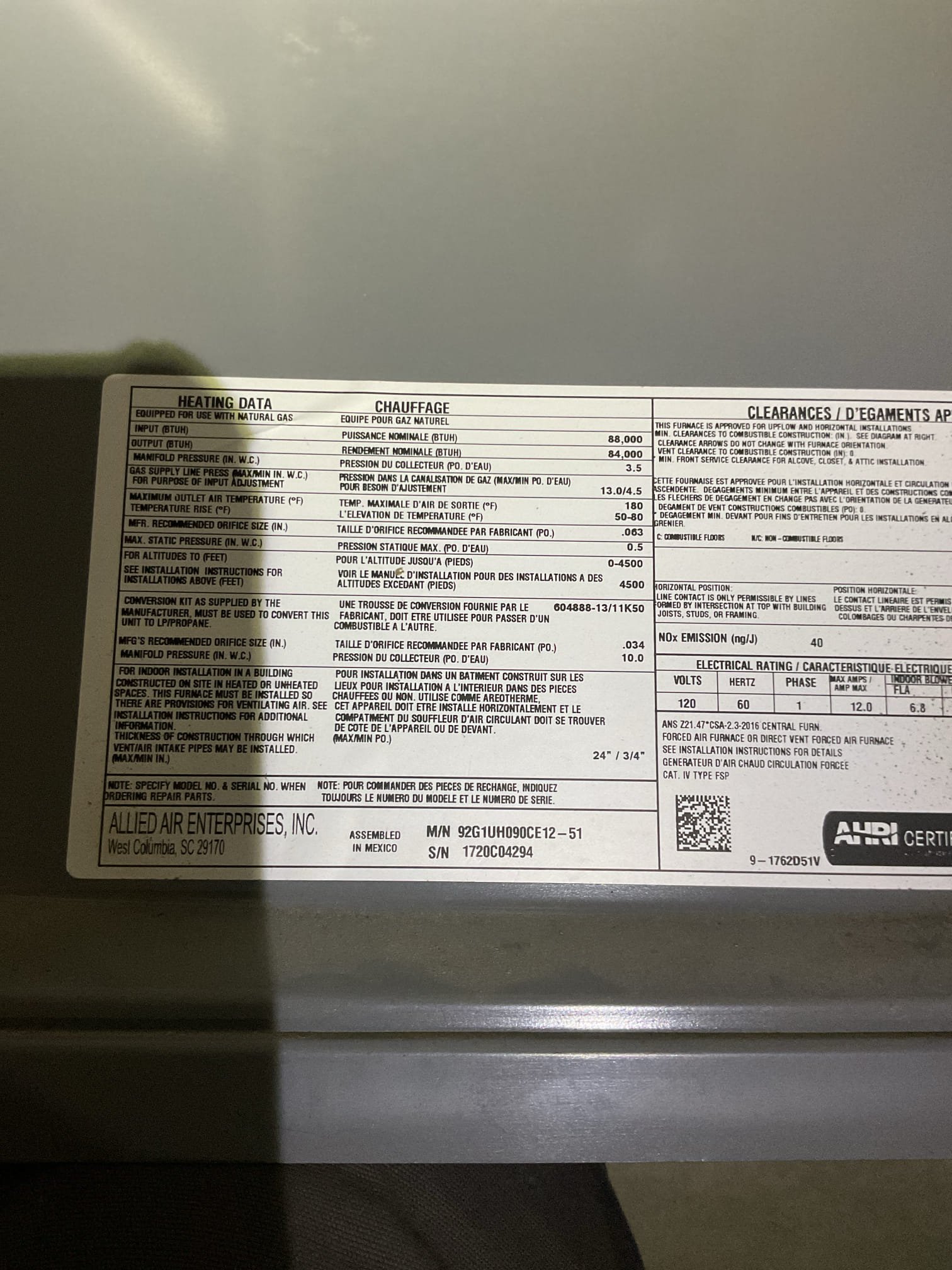 
Completed heat tune up for propane furnace. 88,000 BTU input 92% efficiency. 

Replaced 16x25x1 filter; recommend replacing every 2 months.n
Inspected heat exchanger, burners, flue pipe, inducer assembly and hoses
Inspected hot surface ignitor and verified resistance with meter
Cleaned flame sensor and verified flame rectification circuit
Measured temperature rise and static pressure
Checked wiring, controls, electric motors and components; there are no surge protectors; left estimate for a surge protector for each of the 2 main circuits of system
Checked manifold propane pressure; set at 10” Good
Inspected drain and pump. There are no water safeties other than the pump safety. Explained and provided email estimate for EZ trap (AC drain device with overfill protection switch) and wet switch/flood safety that will shut equipment down if water is detected on floor near equipment

Combustion, draft and smoke tests: Pass

Gas furnace is operating well at this time but lacks industry recom