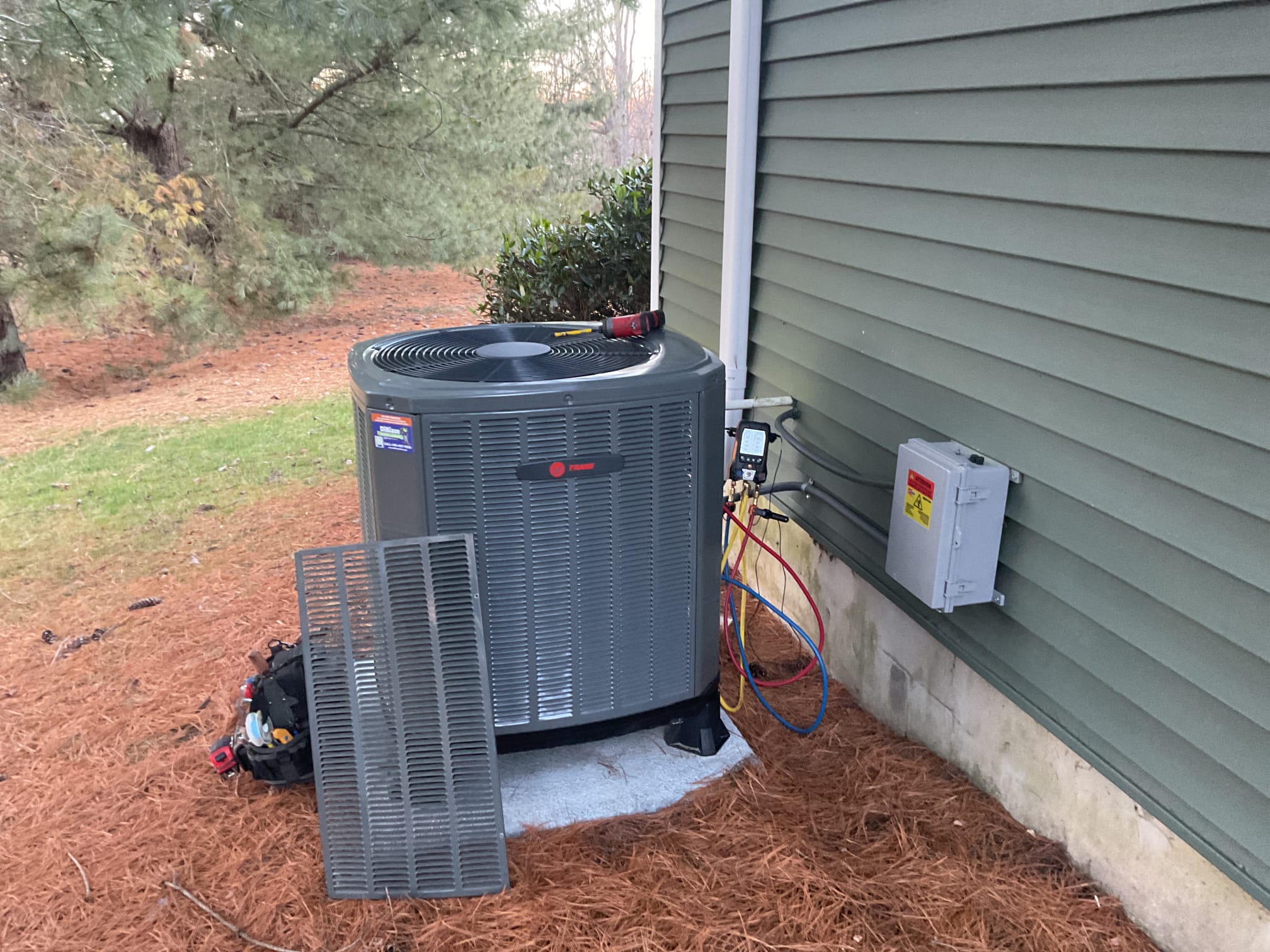 Performed precision heat tune up on trane 454b heat pump system. 20x20x1 air filter is clean. Checked all electrical connections and components. Checked temperature rise. Inspected evaporator coil. Tested emergency heat. Checked refrigerant pressures and temperatures at indoor and outdoor units. Heat pump is working properly at time of service. 