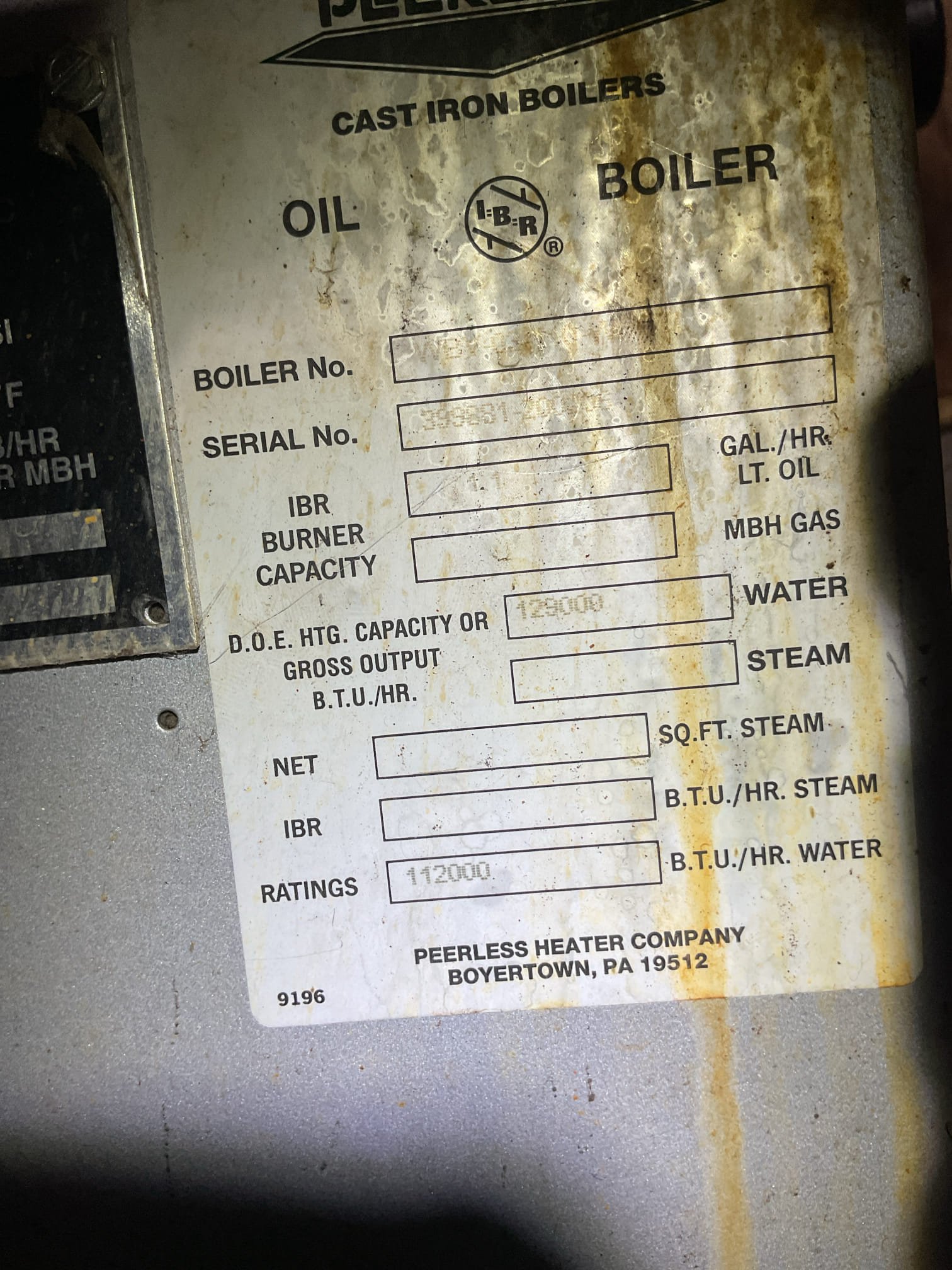 Luis 1-12-26 performed oil boiler cleaning in peerless boiler about 15 years old. Cycle boiler before tune up, I noticed limit is set to 200f I did not move limit. Customer will take care of this setting. Clean heat exchanger and flue pipe. Inspect chimney base ok. Replace oil filter, and nozzle. Clean nozzle head and electrodes ok. Performed combustion test and smoke test ok. Cycle boiler check water pressure and temp ok. I noticed water pressure relief valve is very hard to turn lever. Provided estimate to replace prv. 