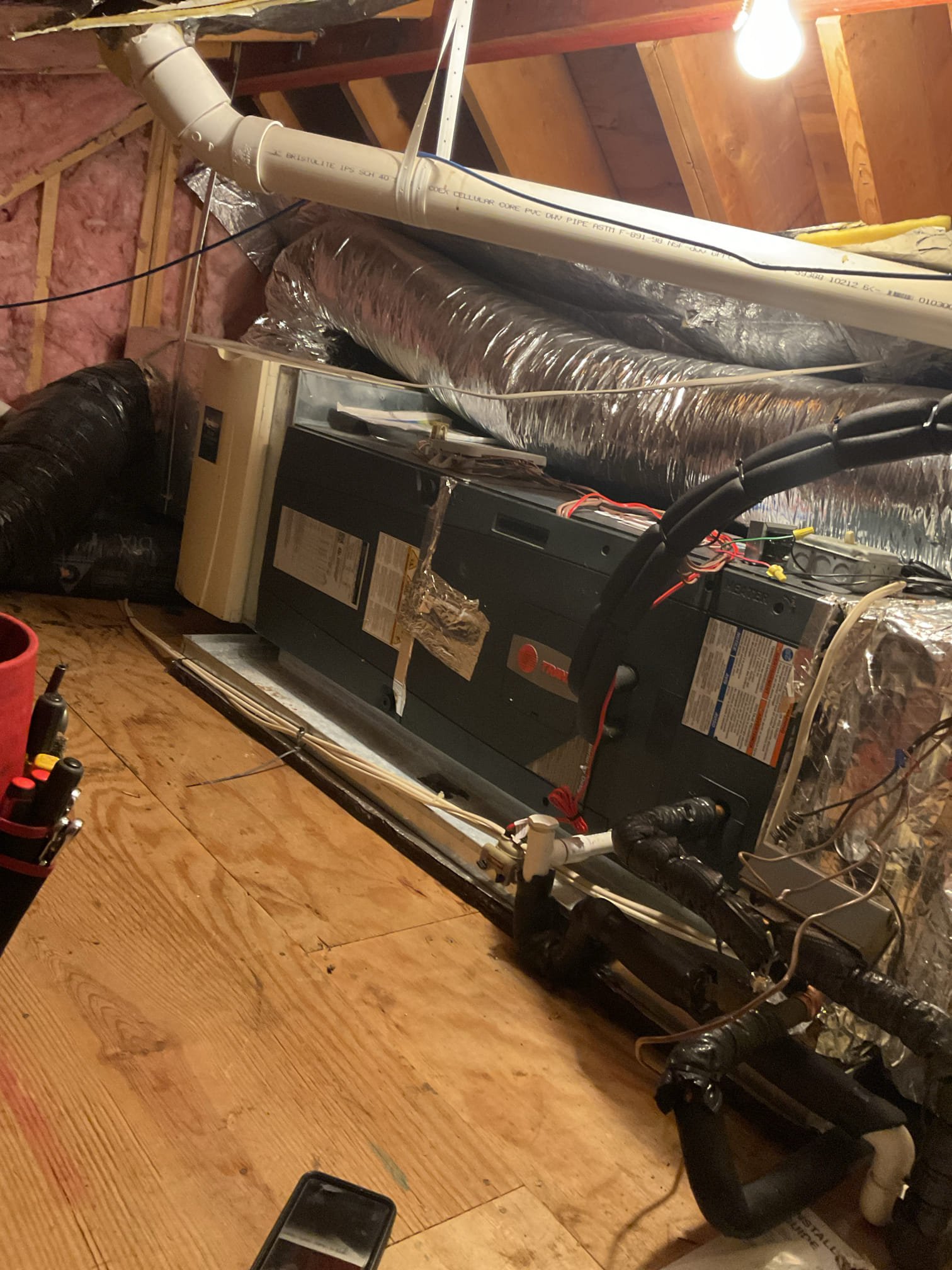 Luis 12-30-25 customer called in for second floor attic air handler making noise, I found system running on emergency heat (customer has boiler and hydronic coil as back up for attic air handler) test blower operation ok. Inspect entire air handler. No issues found. Blower is x13 motor. Customer stated noise was like if blower would not come on sounded like  got stuck on gears. I did not hear any noise from blower. It could intermittently failing.  Customer would want to set up consultation to get an estimate to replace heat pump and air handler. Office to follow up with customer regards sales call. 