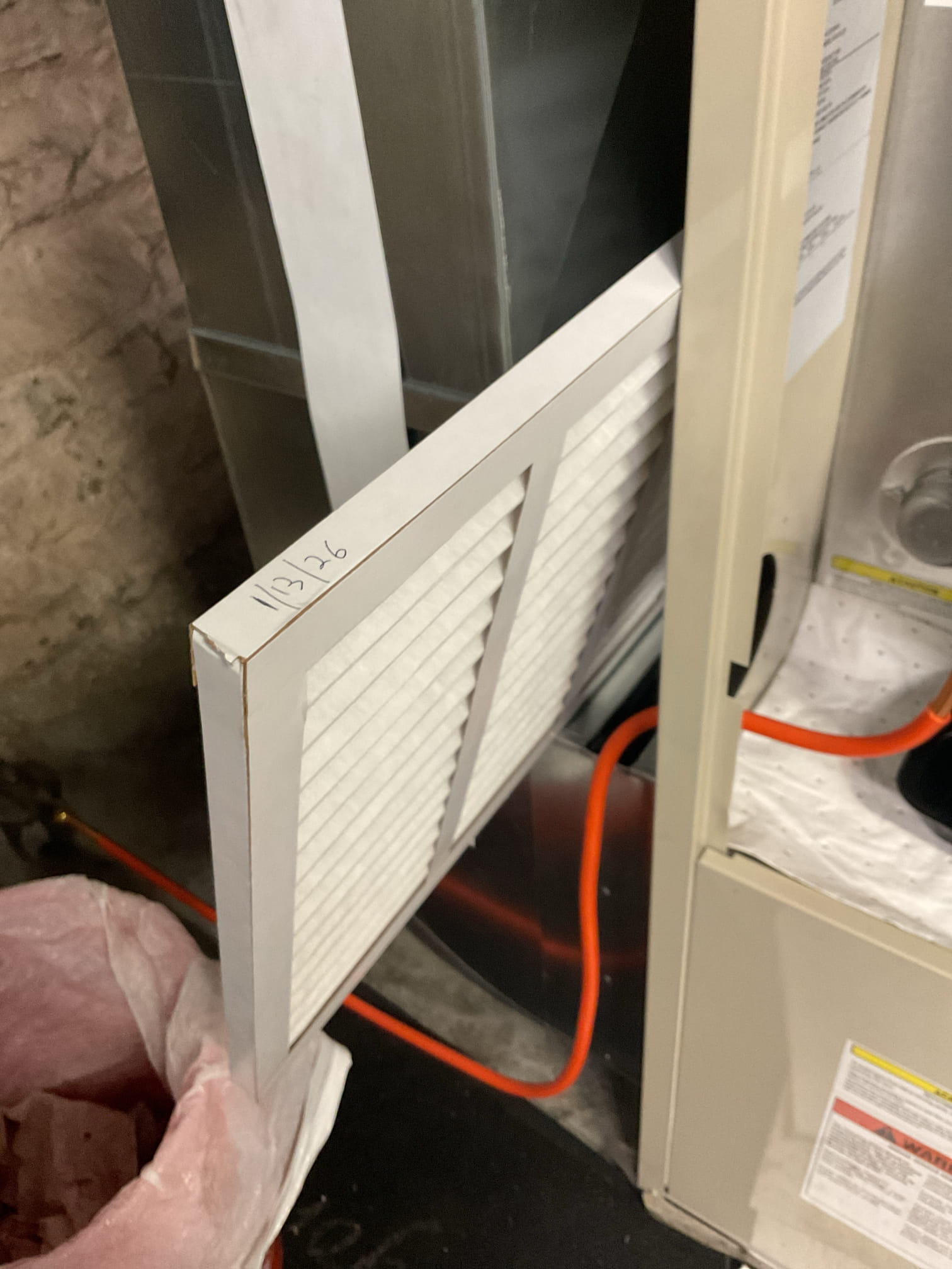 I arrived to the customers home to service their 1 yr old oil furnace system. 
I started with checking the air filter , I replaced the air filter,  size is 16x25x1. I checked all my electrical connections and voltages. I checked and replaced my strainer and nozzle , and the oil filter. I inspected and set my electrodes for proper gapping for optimal performance.  I inspected the flue pipe  for corrosion and pitting. Inspected my heat exchanger and the chimney for clearance. I bled the oil burner and tested system for smoke and combustion. I took temp rise splits at the return and the supply. Everything is good working order. 

I did talk with the customer about his piping to his oil tank . It’s been like this for over 30 yrs. It’s piped in pvc. Pics are in history . I Will look into pricing the oil piping with management. 