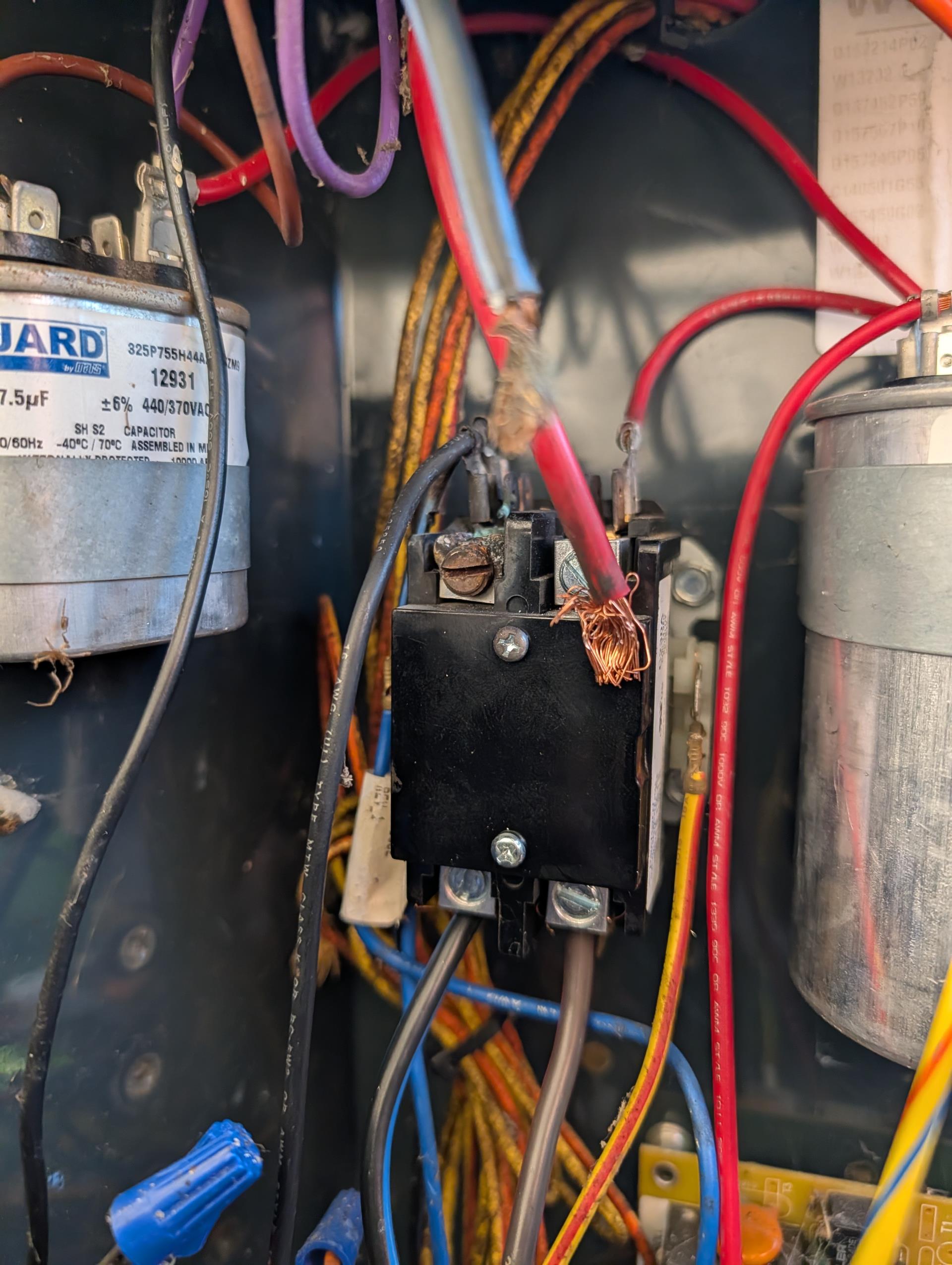 4 Ton Heat pump dates to 2016 with oil furnace auxiliary dates to 2001.

Found high voltage wire disconnected from contactor terminal and terminal itself thoroughly burnt.
This contactor has been replaced once by another contactor. 
Megaohm test: Pass reading within good. 70/7.5uF capacitor Good,

After installing new contactor. I found that the low pressure switch on refrigerant system was open even though I had 116 psi pressure standing.
The switch closed when I lightly tapped on the body of the switch. Pressure switch is intermittently locking out system. The switch itself is faulty  I bypassed for now and left estimate to install a remote low pressure switch at the service port. 

Refrigerant pressures 351/98 outdoor temperature 41°F matches manufacturer target suction pressure for 40-45°F day. See photos of charts.

Recommend upgrading system oil furnace and heat pump. The heat pump sits close to roof and there are no gutters so ice falls on heat pump. Make sure we off the weather