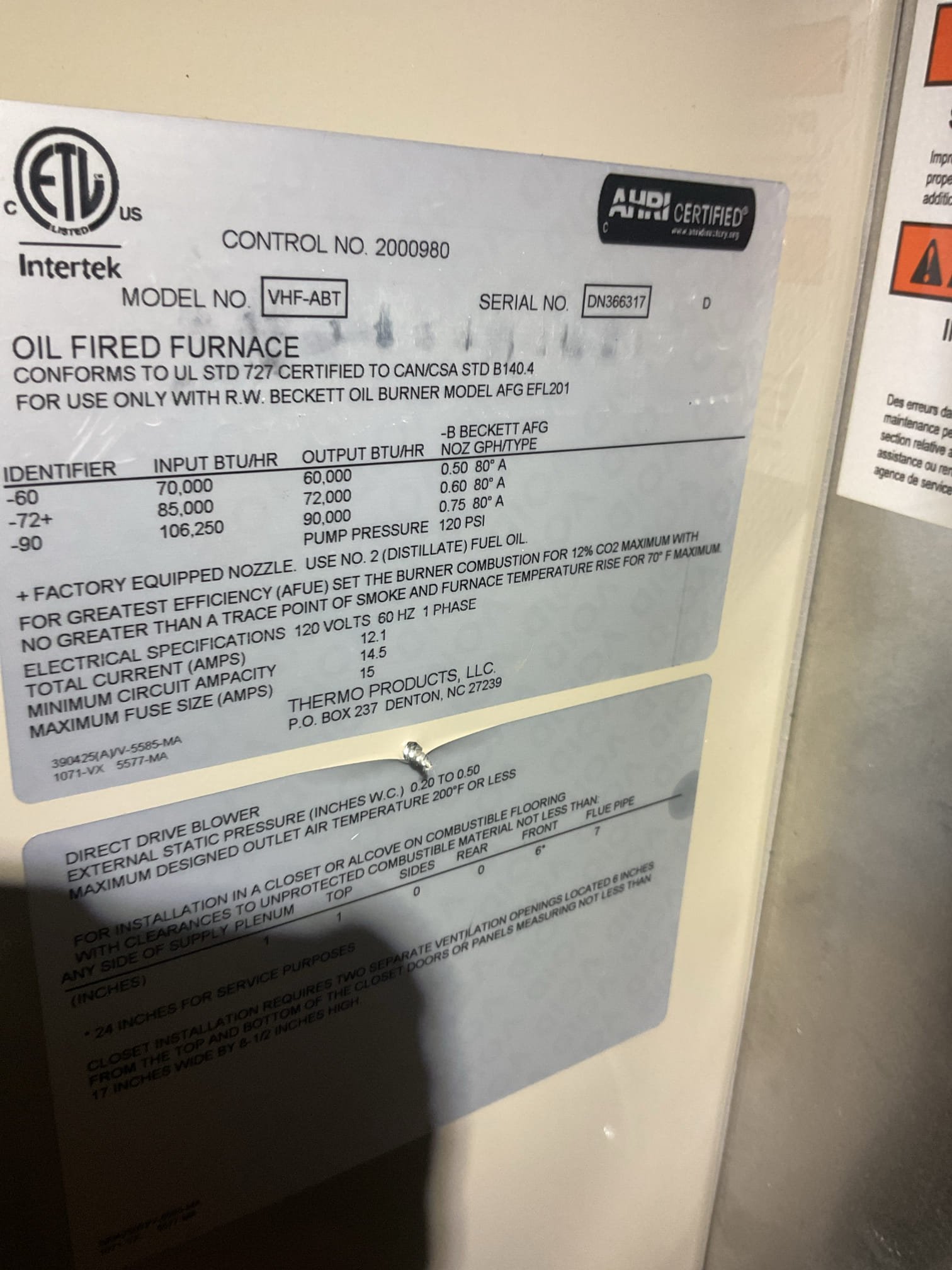 Neighbor came over and told me she can smell oil. Duplex house. She lives on the other side. Robert doesn’t come down to basement often 

Found copious oil in equipment pan, blower compartment and filter rack.
Cleaned as much as possible and left paper towels to absorb oil that is under furnace where I cannot get to it.
Replaced failed wet switch.
Used (2) burner gaskets folded in half and placed under bottom half of burner so that burner is pitched in such a way that oil will spray into combustion chamber. Changed post purge time from 0:00 to 1 min.

Completed oil Heat tune up.
Replaced Aprilaire 413 filter. 
Heat exchanger and flues are clean.
Replaced RF1 oil filter, replaced .60 80A nozzle and arranged electrodes.
Combustion smoke and draft test: Pass

Set new humidifier to 35%. Pad is new. Tested operations and water leaks. 

We will have to make a return visit to pick up the towels that are used to wick up any oil left in pan and assess the oil leak situation further.
After my fi