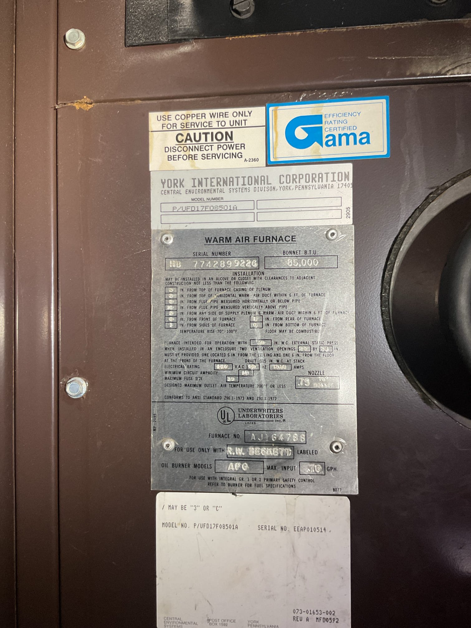 Completed heat tune up York oil furnace from early 90s.
Heat pump is Carrier from 2018 and it was originally configured at controls n such a way that the oil furnace had heat pump would run at the same time but she had a contractor install new thermostat and configured so oil furnace is locked out 35°F outdoor temperature and above and that the heat pump and oil furnace do not run together. 

20x25x6 filter ok
Cleaned heat exchanger (cast iron drum style) and inspected flue piping and chimney. 
Replaced oil filter, strainer is clean, replaced .75 70°A nozzle. 
Inspected electrode condition and alignment, transformer, cad cell eye, and air bands for debris. Cad cell eye very discolored. She agreed to replace today. Electrodes are the older style rounded face. Recommend replacing. Provided email estimate. I did not have the electrodes to offer to replace today, 
Inspected wiring, controls, electric motors and components including fan speeds. 
Bled oil line and tested system
Measured temp