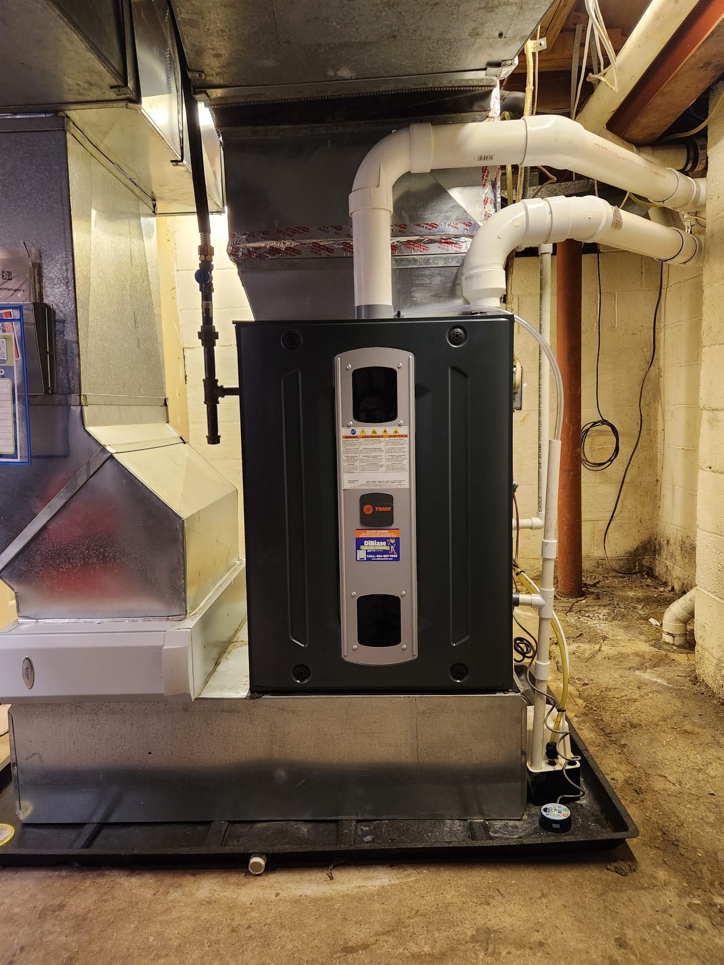 Set new furnace on existing return box. Built custom transition between furnace and coil. Adapted existing gas line to new furnace. Adapted to existing intake and exhaust vents. Made all high and low voltage connections to unit. Adapted condensate to new furnace. Performed all test out procedures cleaned all work areas and reviewed installation with homeowner.