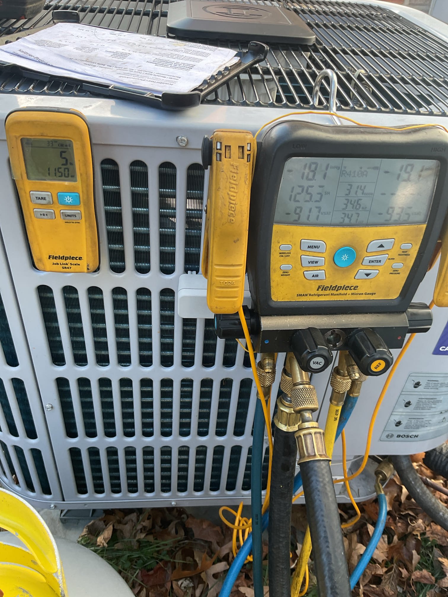 Luis 1-12-26 return visit to troubleshoot unit. Found unit with error code e7. I called tech support for troubleshooting, based on the information, from inverter board, discharge sensor should be replaced not reading correctly. We need to replace sensor warranty, customer also has labor warranty, we will need to recover refrigerant and measure how much we take out, and add factory charge once job is completed. No charge 

1/15/26
Barry

Recovered 5# 13oz R410A; Factory charge is 7# 9oz (121oz)  
Pressure tested system and it help 360 psi for 40 minutes. Soap bubble leak check all joints. No leaks found. Also no leak detection dye anywhere.
Replaced compressor discharge temperature sensor.
Triple evacuated system to standards. Less than 500 microns.
Charged system factory charge. 121 oz R410A.
Started system.
Gets stuck at 31 Hz because transducer has failed.
Control thinks it’s 455 psi liquid pressure when it is 308 psi measured and therefore prevents compressor from modulating up.
Con