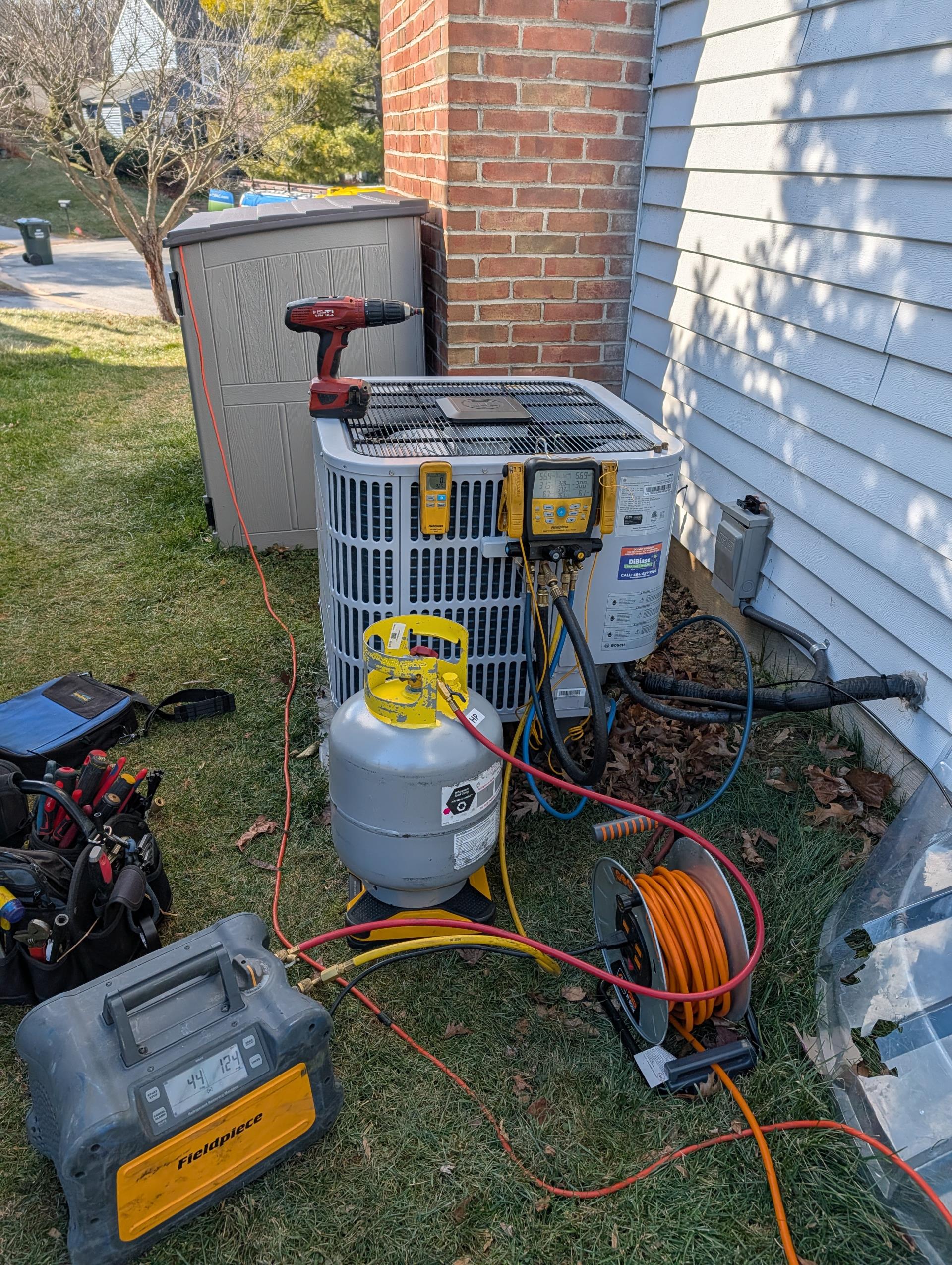 Luis 1-12-26 return visit to troubleshoot unit. Found unit with error code e7. I called tech support for troubleshooting, based on the information, from inverter board, discharge sensor should be replaced not reading correctly. We need to replace sensor warranty, customer also has labor warranty, we will need to recover refrigerant and measure how much we take out, and add factory charge once job is completed. No charge 

1/15/26
Barry

Recovered 5# 13oz R410A; Factory charge is 7# 9oz (121oz)  
Pressure tested system and it help 360 psi for 40 minutes. Soap bubble leak check all joints. No leaks found. Also no leak detection dye anywhere.
Replaced compressor discharge temperature sensor.
Triple evacuated system to standards. Less than 500 microns.
Charged system factory charge. 121 oz R410A.
Started system.
Gets stuck at 31 Hz because transducer has failed.
Control thinks it’s 455 psi liquid pressure when it is 308 psi measured and therefore prevents compressor from modulating up.
Con