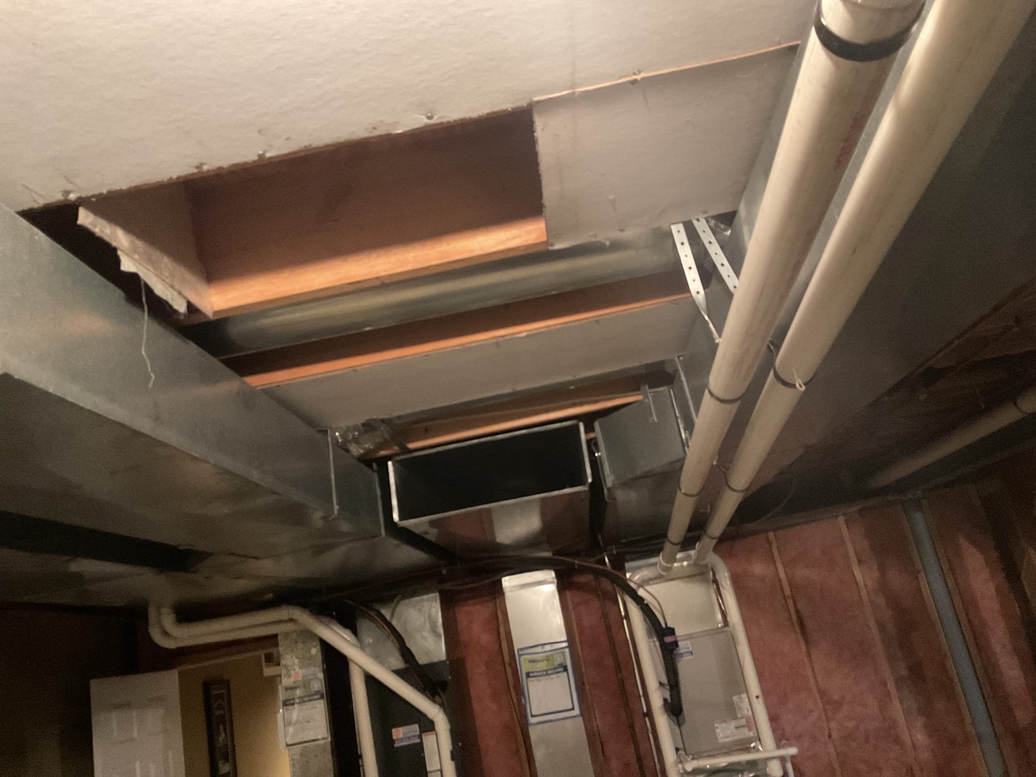Fully assessed situation. Found 8 feet of 24x8 return metal trunk fell to the ground. Found that the existing trunk duct was originally installed using roofing nails to attach it to the ceiling. We replaced furnace and return drop, possibly worked the nails somewhat loose then. Re bent drives back into correct form. Re hung 8 ft section using 5/16 zip screws to secure to the ceiling. Gas furnace is working properly at time of service. Furnace was installed 10/28/25. 