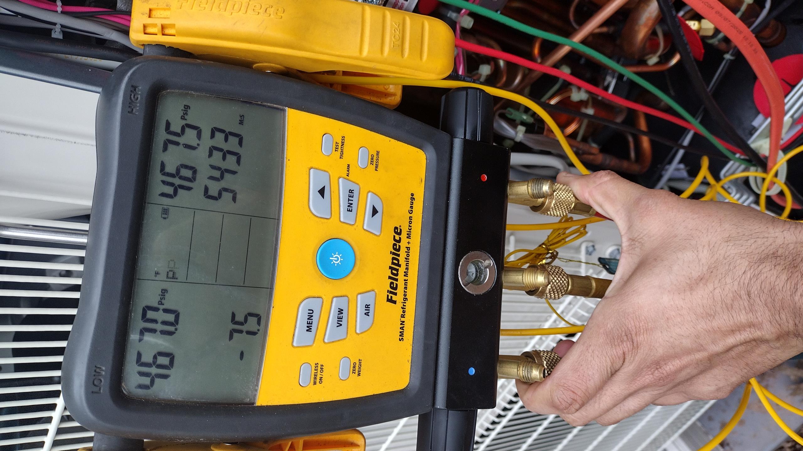 1/15/2026
Found pressure on system still at 435 psi.  Soap tested tee in basement.  Evacuated and charged system.

Luiis 1-14-26 customer called in  for speciality Mitsubishi cassettes ceilings units, found system with no pressure. I noticed copper connections at basement leaking badly tons of refrigerant oil on floor. We will need to clean up once we complete the repair. I tighten connections to manufacture specifications and pressure test system. 475 for 45 minutes, lost pressure of 7 psi. I left unit with nitrogen around 460 psi. We will need to pull vacuum and factory charge plus line set. See photos. We also need to bring about 4 feet 1/2 seal to sleeve branch box wire. 

I arrived checked pressure and soaped fitting again to check for leaks .  Pressure was holding and soap bubbles showed no indication of a leak. Evacuated and recharge system. upon start up found upstairs four-way unit not blowing hot air after troubleshooting found the EEv valve stuck in a closed position on bran