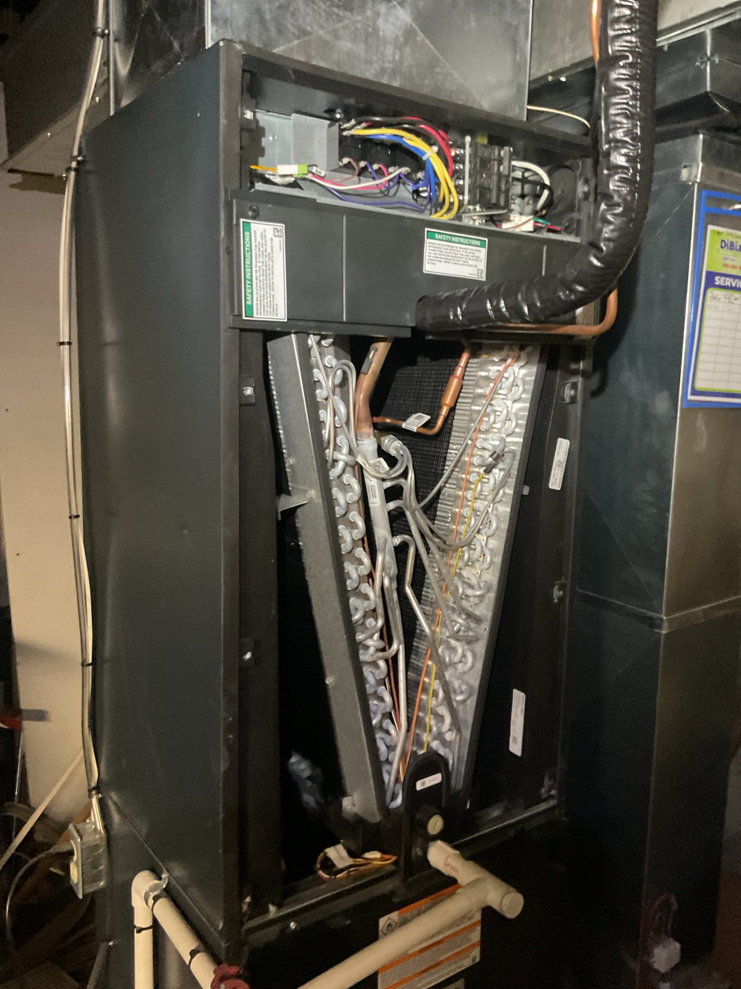 Completed heat tune up for Trane R454B heat pump with 10KW electric heat kit,

Changed Aux heat lockout from 45° to 32° per homeowner request. 
Replaced 20x22x1 filter
Indoor and outdoor coils in good condition.
Inspected wiring, controls, electric motors and components. 10KW electric heat kit 40A: Good
Measured temperature rise and static pressure
Inspected drains. Showed him how to add condensate treatment tabs to drain line and pump for AC seasons 
Verified integrity of compressor and defrost cycle 
Checked refrigerant charge/pressures. 378/76 with outdoor temp 34°F 

They got a new panel. 

Heat pump operating well at this time, 
