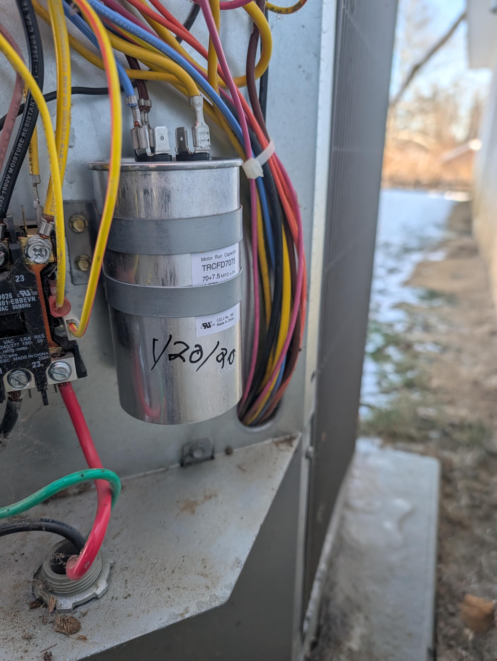 Replaced 70/7.5 uF dual capacitor at outdoor unit.
Origin capacitor was very weak. Reading 28uF.
Afterwards tested system.
Measured amp draw of start winding to capacitor 8.6A Good.

Measured temperature rise @ air handler. 66-86=20° Good
Outdoor dry bulb temperature 16°F

System operating well at this time.
Collected balance 