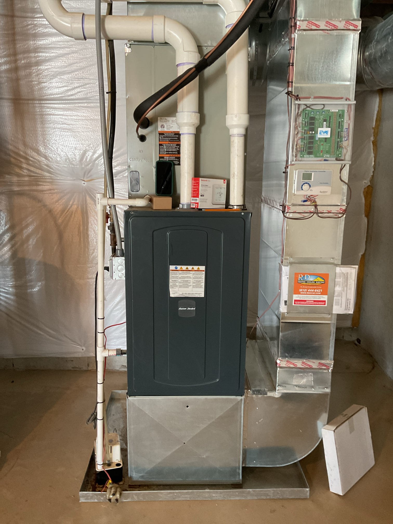 I arrived to the customers home to service their 4 yr old 90% American standard gas furnace system. 
I started with checking the air filter and replaced , the filter size is 16x25x1. I checked all my electrical connections and voltages. I inspected and tested the  burners , flame sensor and the igniter. I water tested all tubing and hoses. I inspected the exhaust and fresh air pipe for restrictions and bellies. I inspected the inducer and the blower motor operation. I checked and tested for combustion and took temp rise splits at the return and the supply. Everything is running good , newer system.