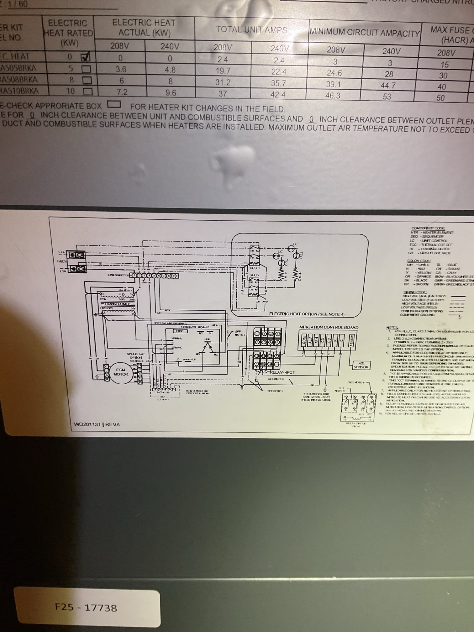 W wire at thermostat was landed on W not W2 aux heat.
Found that the The electric heat was not wired into accessory relay as required. Followed wiring diagram. Wired W2 (AUX) from thermostat to the correct contact on the relay. 
The white conductors provided by factory are the “CC” contacts from refrigerant mitigation board. One of these conductors is wired to the factory Gray conductor and the other to the field provided Y1 conductors. Based on wiring diagram.
Then after starting unit found condenser fan blades frozen to the outdoor coil. Was mechanically stuck, Poured hot water and freed blade with a long drill bit. 
Unit is directly under gutters was VERY iced up. Will talk to management
 about the possibility of a weather guard top for outdoor unit, 
Cut the J2 jumper at defrost control to allow for higher defrost termination temperature (70°) 

Temperature rise with heat pump and AUX heat together (62-122=60°)
Temper rise with just AUX heat (60-100=40°)

Outdoor temperature was li