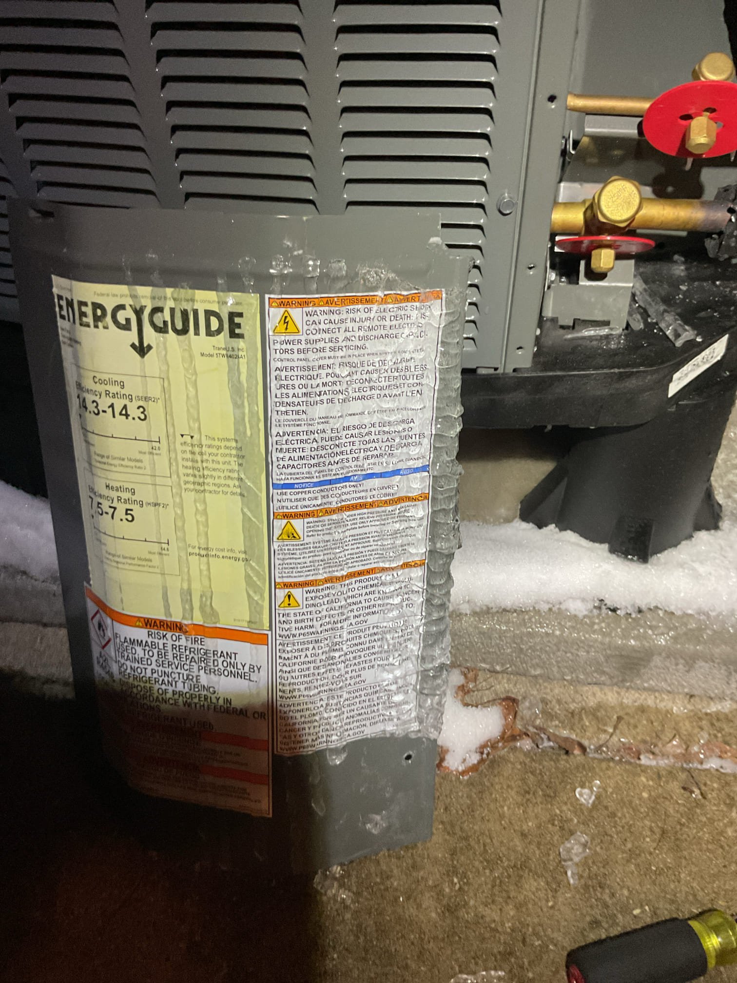 W wire at thermostat was landed on W not W2 aux heat.
Found that the The electric heat was not wired into accessory relay as required. Followed wiring diagram. Wired W2 (AUX) from thermostat to the correct contact on the relay. 
The white conductors provided by factory are the “CC” contacts from refrigerant mitigation board. One of these conductors is wired to the factory Gray conductor and the other to the field provided Y1 conductors. Based on wiring diagram.
Then after starting unit found condenser fan blades frozen to the outdoor coil. Was mechanically stuck, Poured hot water and freed blade with a long drill bit. 
Unit is directly under gutters was VERY iced up. Will talk to management
 about the possibility of a weather guard top for outdoor unit, 
Cut the J2 jumper at defrost control to allow for higher defrost termination temperature (70°) 

Temperature rise with heat pump and AUX heat together (62-122=60°)
Temper rise with just AUX heat (60-100=40°)

Outdoor temperature was li