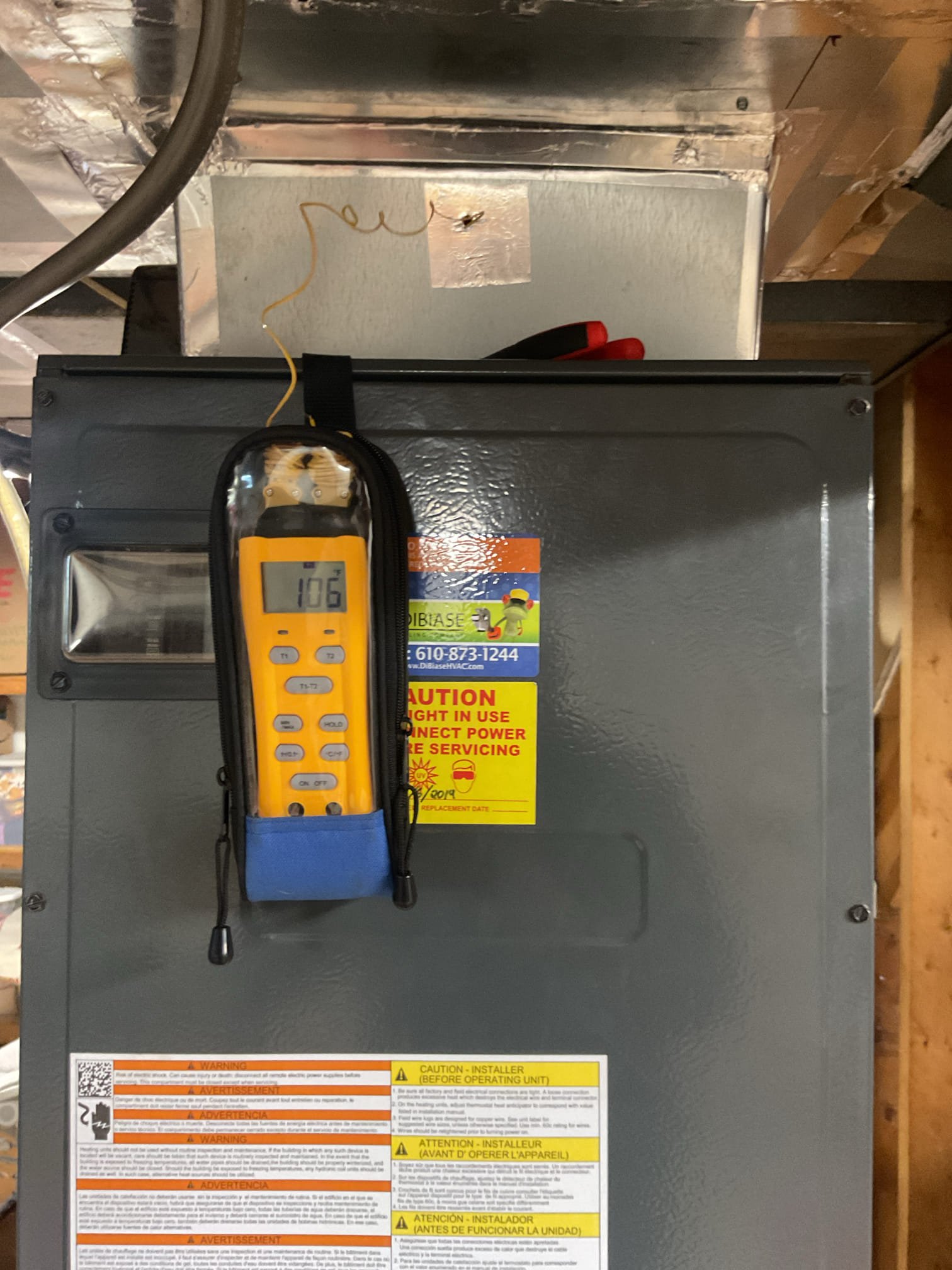 No heat. System installed Nov. 2019 by Dibiase for a different homeowner. 

16x20x1 air filter was very dirty causing airflow restriction and high plenum temperatures. My temperature in plenum was 119° even with half capacity heat kit because of restricted airflow.
Replace filter monthly. 
Replaced 16x20x1 filter.
Found failed secondary limit switch at 10KW electric heat kit causing loss of 20A or 5KW electric heat,
Offered to replace failed secondary limit switch.
Replaced and tested system afterwards.
Heat kit now 40A. Temp rise now 61/118 with full airflow measured at plenum.

I told her it will take up to 4 hours or so to get house back up to 68°

System operating well at this time. 
