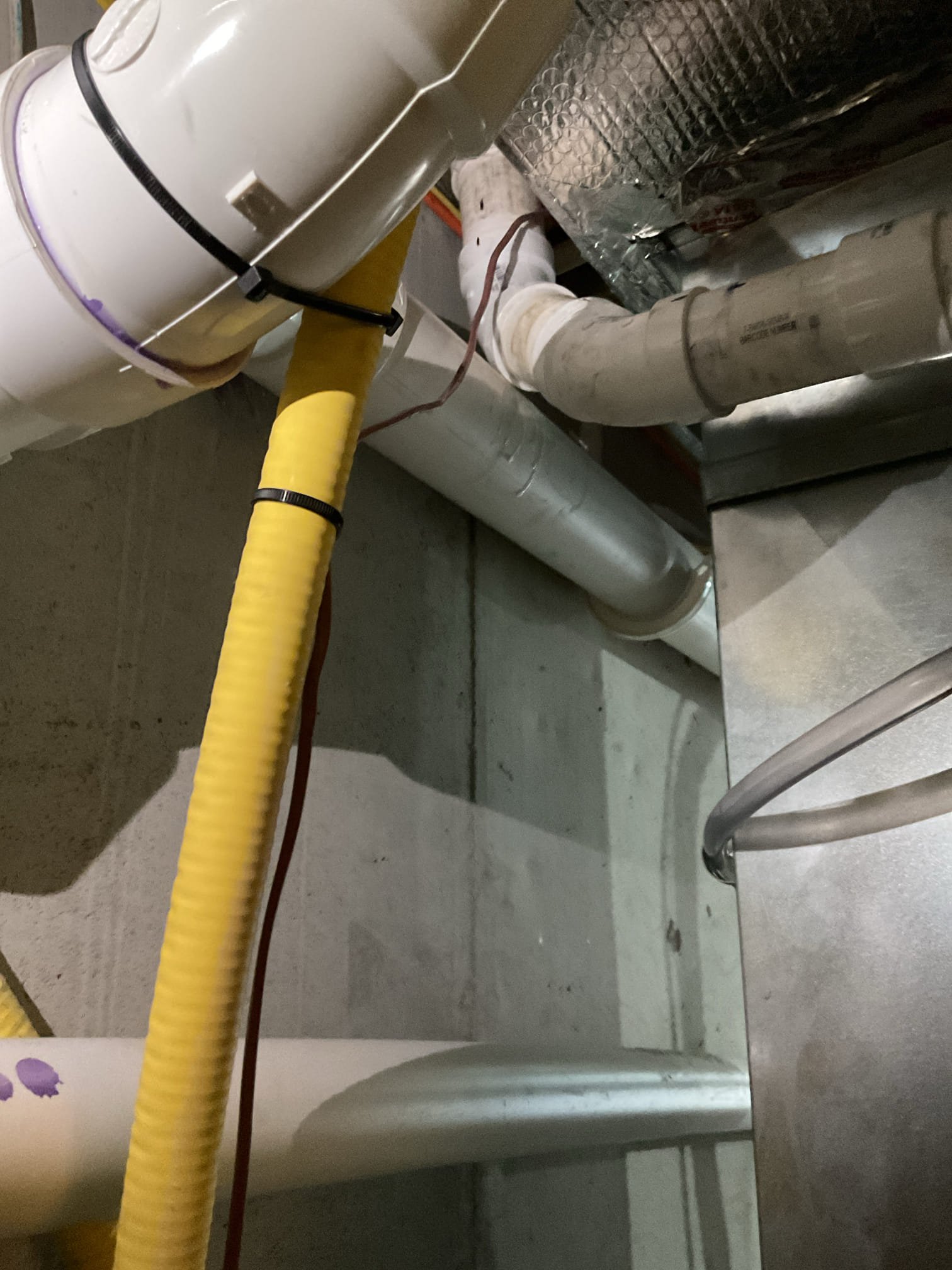 I arrived to the customers home and repaired a 2” pvc exhaust that was dripping water. I had to cut out an old section between the supply and the wall . Added a coupling 2” and 2 - 2” 45° pvc fittings. Primer and glued all joints. The system is back up and running. Collected for 556.07 not covered under warranty. 