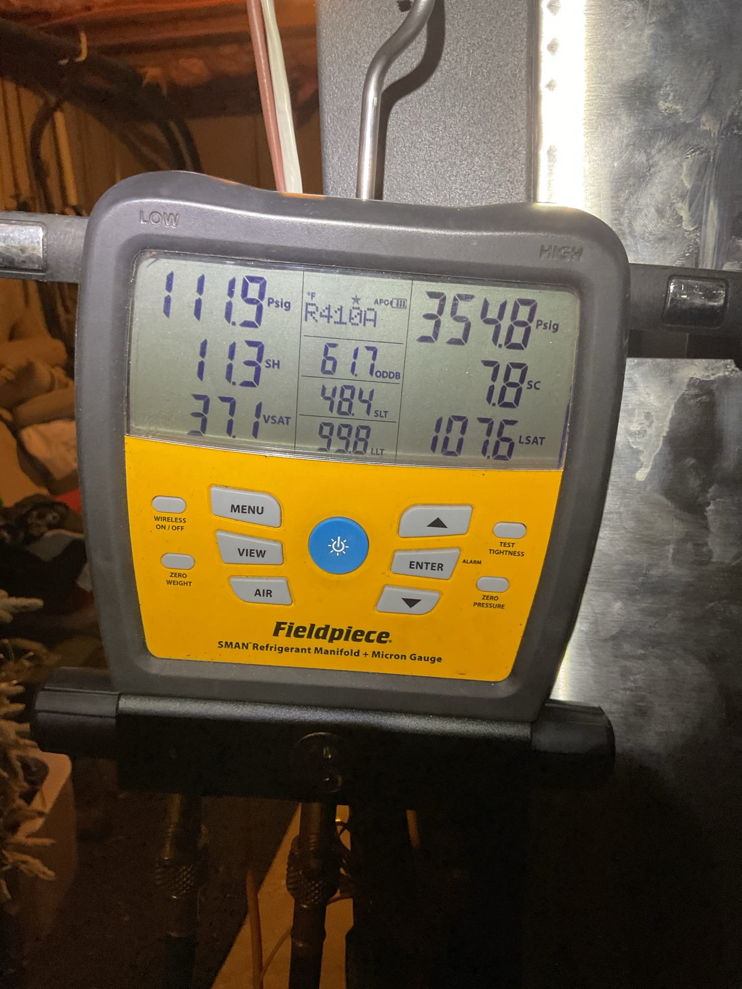 Luis 1-23-26 customer called in for issues with the first floor geothermal package unit. Customer has two geothermal units, one in the basement package unit and one for the second floor located in the second floor attic geo split system with geo side in the basement, second floor unit is running fine. Customer stated first floor has the issues. System going off on high head. As I was inspecting the unit, I noticed tons of dye sign inside the compressor cabinet. I reset the unit and unit runs for about a minute and then shuts off on pressure. Customer does not know what other contractor did last time they were here. I told customer before any other troubleshooting. I will have to remove refrigerant. Customer approved procedure. After removing pound and a half of refrigerant pressures came down and the unit stayed running, adjusted sub cooling and superheat based on manufactured data. Check supply and return air temps ok good split. Water pressure and temps ok. Cycle heat pump ok. I repl