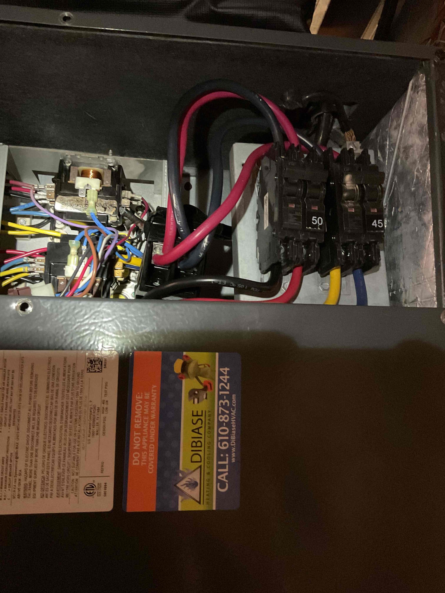 1/23/26
Heating check up on 4 year old 410A Amana Heatpump 

5 Tons with 20KW electric heat kit 

Replaced Aprilaire 213 filter provided by homeowner 
Indoor and outdoor coils in good condition.
Inspected wiring, controls, electric motors and components. Found burnt wires on one of the double pole contactors @ 20KW electric heat kit. Contactor terminals in bad shape on contactor. Replaced burnt Contactor and repaired wiring as necessary. Tested electric heat afterwards. 42.8 on EACH breaker: total amps 84 Good. I noticed that the breaker in panel that feeds the air handler is slightly oversized. It is a 150A. 110A is ideal according to most recent wiring standards. She will call electrician.
Left estimates for surge protectors.
Measured temperature rise and static pressure
Inspected drains. 
Verified integrity of compressor and defrost cycle 
Checked refrigerant charge/pressures. 

Heat pump operating well at this time.
Satisfied demand for heat setpoint 68° (from 64°) with outdoor tem