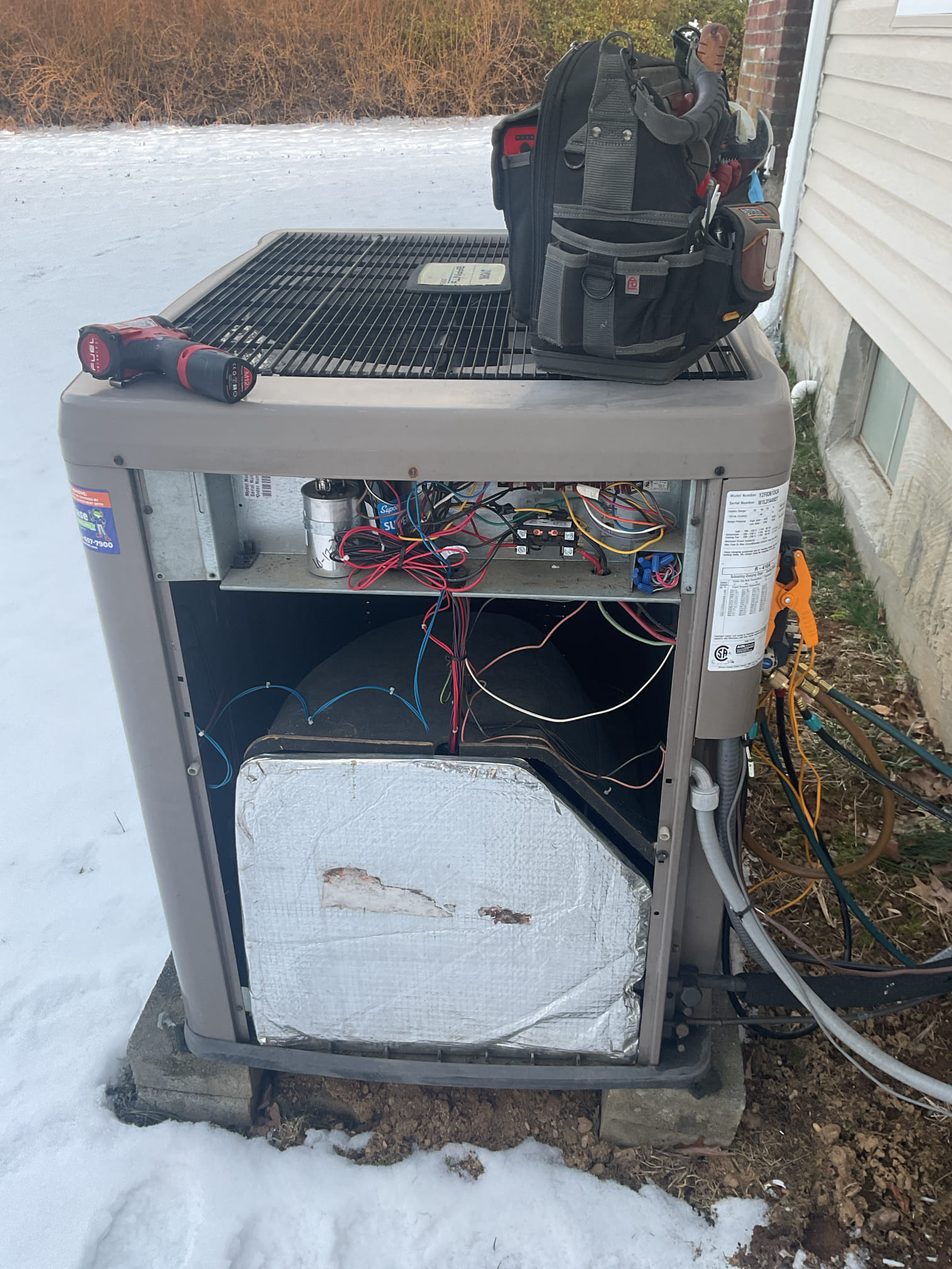 When I arrived customer informed me that the heat pump had came back on and seems to be running ok. Decided to check over heat pump system but explained to him that this unit does not save codes. Went out to outside unit and checked 410a refrigerant pressures they were 372/61. Head pressure was a little high but not terrible. Compressor is also drawling at over 12 amps. Removed air filter and replaced with 1” 20x20x1 customer supplied. Compressor very loud from inside the home also. Would recommend replacing heat pump system very soon. Heat pump is working at time of service. 