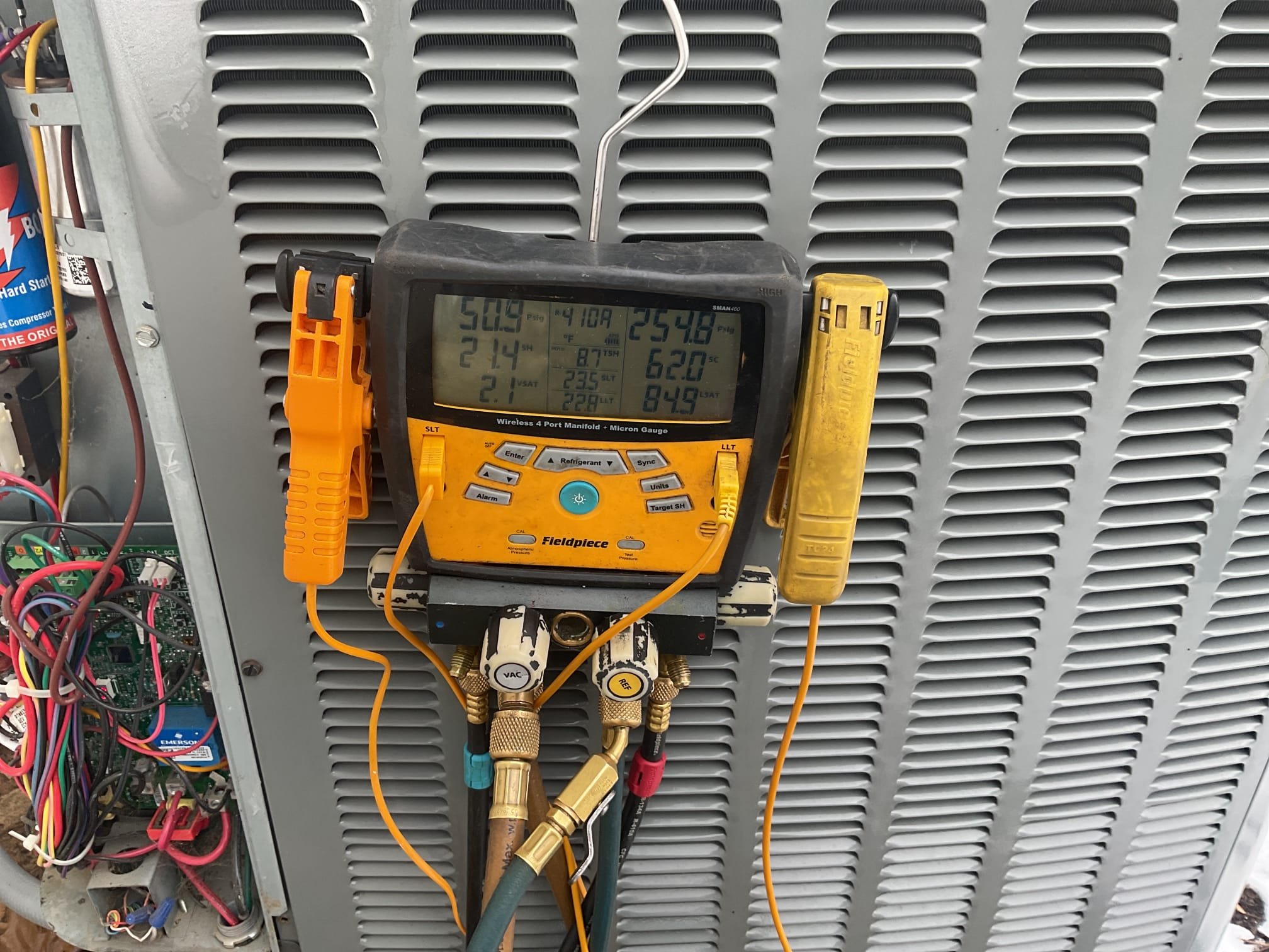 Fully assessed no heating situation. Mucking propane boiler which heats hard wood floors was running fine when I arrived, took photos of pipe temperatures. Did find 2023 amana heat pump locked out on code L2 high pressure lock out. . Reset heat pump and checked refrigerant pressures they were r410a 254/50 very good. Temperature rise was 17 degrees at 9 degrees outside ambient temperature very good. Heat pump systems are designed down to 15 degrees anything lower that that they will struggle to keep temp also system does not use auxiliary heat, auxiliary heat is the boiler system. Found air filter was also very dirty 20x24x1, homeowner to replace. This can definitely cause a high pressure lockout in heating mode. Heat pump is working properly again at time of service. Showed homeowner how to reset in case of extreme low temperature. 