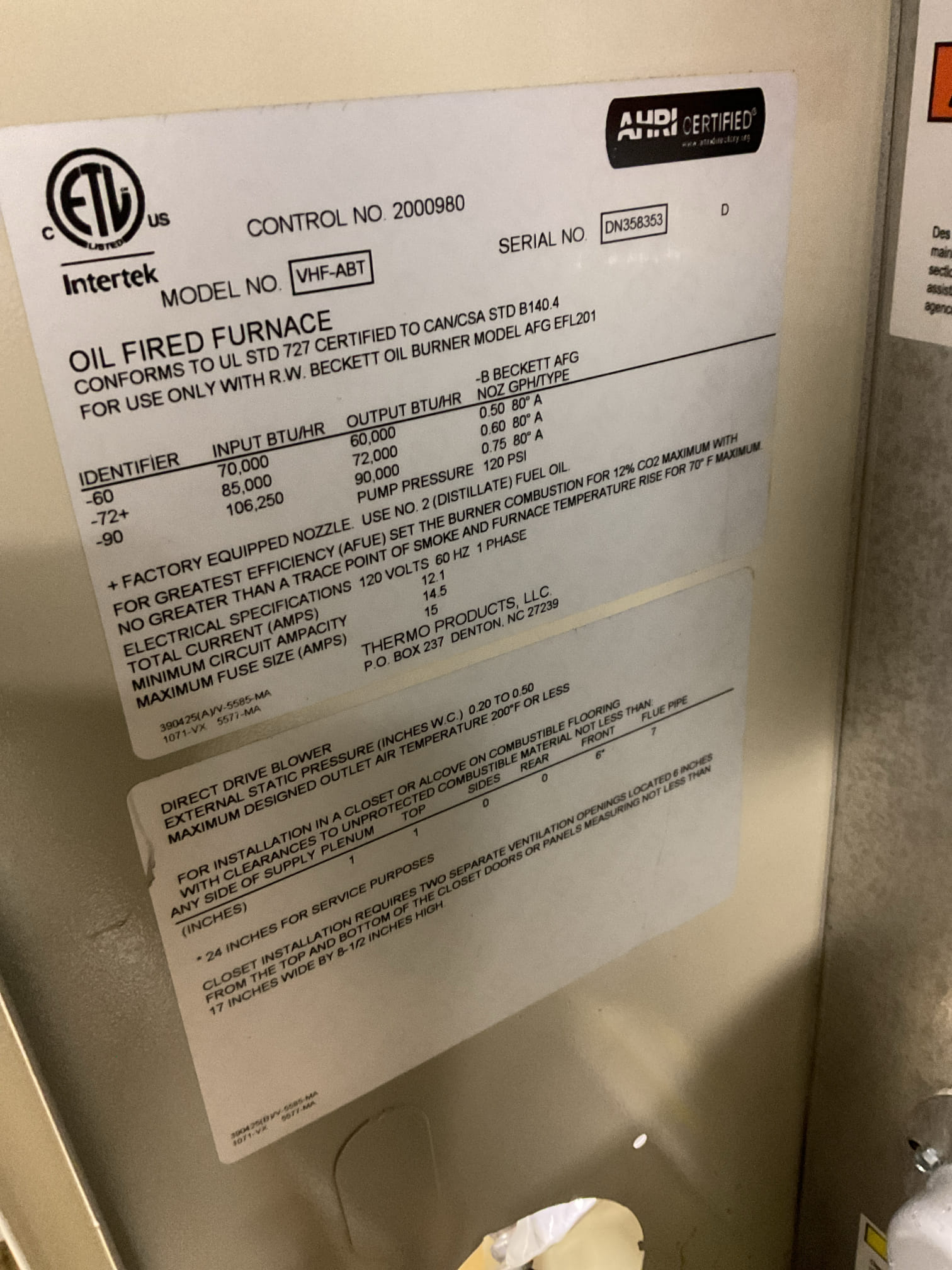 I arrived to the customers home to service their 3 yr old spirit oil furnace system. 
I started with checking the air filter , the  customer services his air filter, 20x25x4.  I checked all my electrical connections and voltages. I checked and replaced my strainer and nozzle , and the spin on oil filter. I inspected and set my electrodes for proper gapping for optimal performance.  I inspected the flue pipe  for corrosion and pitting, and I  Inspected the power vented in line motor. I inspected my heat exchanger and the chimney for clearance. I bled the oil burner and tested system for smoke and combustion. I took temp rise splits at the return and the supply. Everything is running fine at this time of service. 

I collected $38.25 for the spin on oil filter. Paid by cc. 