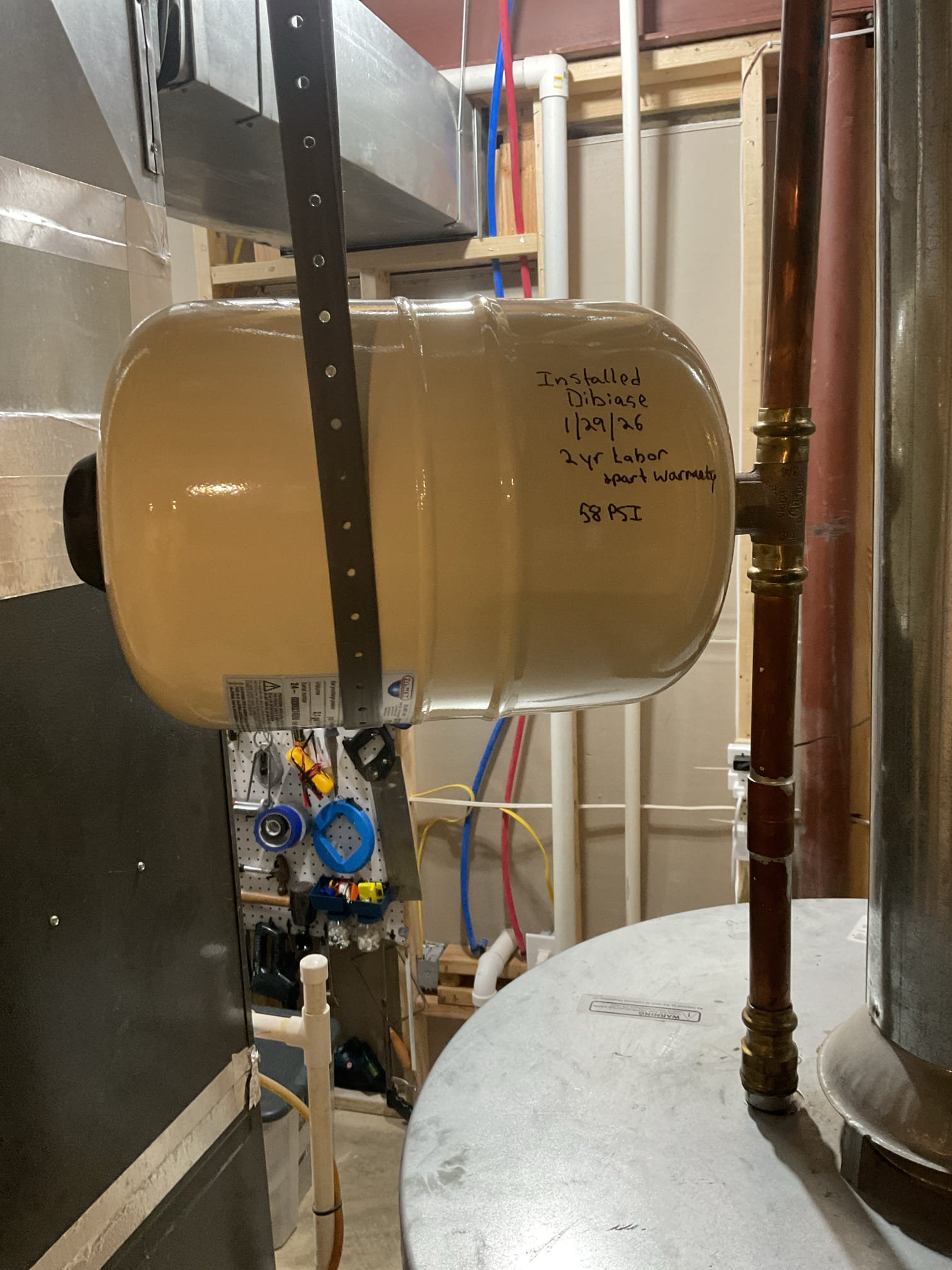 1/29/26 Dan 

I arrived to the customers home to look at his Bradford white water heater. We had put the water heater in of 2020. The  customers expansion tank has failed, it’s waterlogged. I quoted a customer for a new expansion tank. He approved the repair and also renewed his service contract . I shut the water off at the house and at the water heater. I removed the failed expansion tank and replaced with the new OEM tank. I  made sure new expansion tank pressure was set within the water heater pressure and lnspected for water leaks . I collected for tank install and system renewal contract, paid by cc. His new expansion tank has 2 yrs labor and parts warranty. 