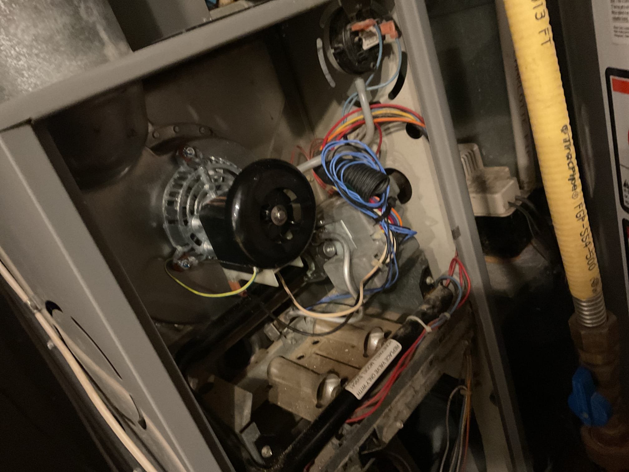 Removed old inducer motor and hot surface igniter. Removed old fiberglass gasket and installed new gasket. Installed new inducer motor and hot surface igniter. Tested operation. Checked temperature rise and performed combustion test. Gas furnace is working at time of service.