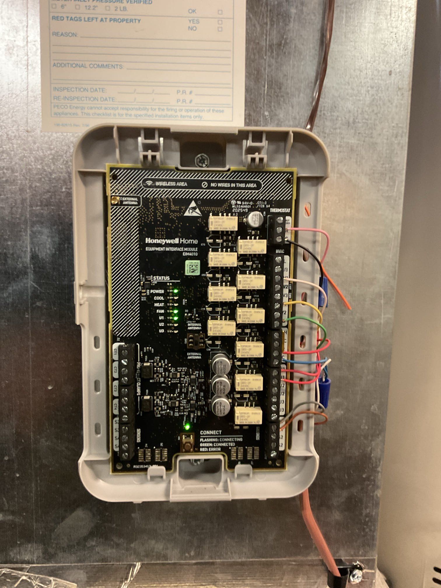 1/30/26
Barry
Installed EIM and Honeywell S1200 Elite pro thermostat.
Configured and wired to allow for on demand humidification.
Installed Scale Inhibitor in line with humidifier water feed.
Also configured thermostat to display an alert when the EZ trap drain clog alert happens. Will lock out cooling. No need to lockout heat because it is an 80% funace.

Afterwards went through everything with homeowners. That can set up WiFi and download the First Alert App if desired. 

Collected payment for balance. 
