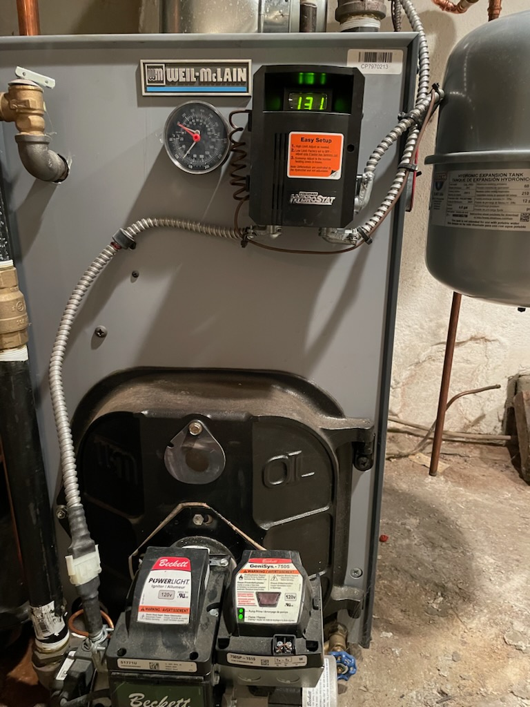 Found pressure relief valve leaking.
She agreed to replace. 
Boiler pressure close to 30 psi.
Drained boiler and replaced pressure relief valve,

The radiators need to be bled. They haven’t been bleed since install February 2022. I talked him through how to do it. 

Afterwards tested system. Low limit is 150 psi. 

System operating well at this time. 