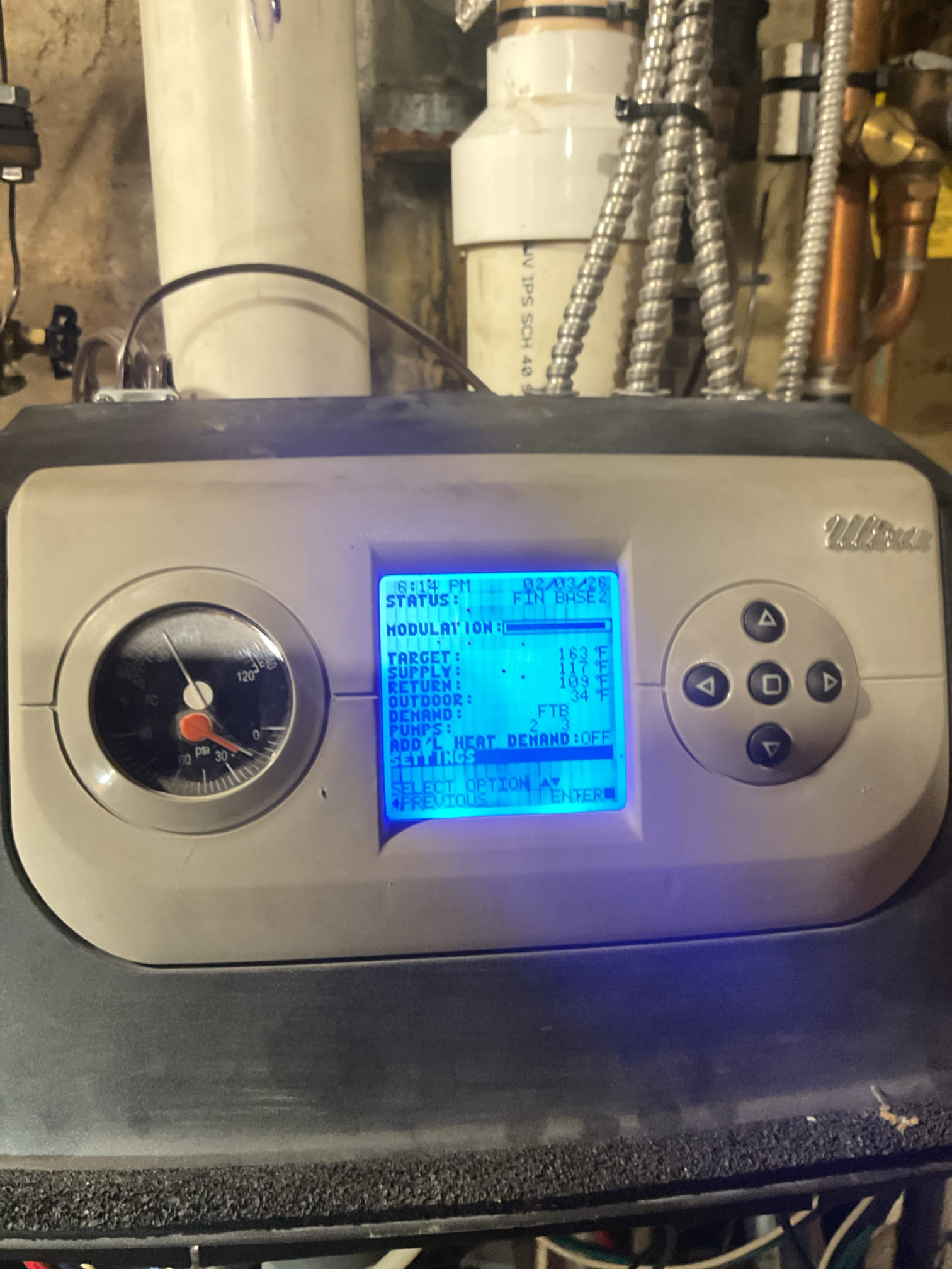 No heat Weil McClain Ultra 105 Gas boiler. Installed by Dibiase February 2013. 

Fond boiler struggling to complete trial for ignition. House was 58° there was a demand for heat from thermostat 

Checked exhaust pipe termination outside. There was a large icicle as a result of the normal process of furnace exhaust but no true obstructions to the flue pipe.
Cleaned ignition assembly.

Consulted manual and went through procedures to ensure the the fire rate (gas pressure) is correct. Found outlet gas pressure to be slightly low. Did this using manufacturer process of monitoring the %C02 in the flue gas analysis using analyzer with u it running in max output. Made adjustments to  achieve design C02. (Increase gas pressure slightly).

Afterwards took system out of manual test mode MAX. The. Cycled boiler several times observing trial for ignition. Observed no faults.
Also monitored return and supply piping and monitored for any issue with the hydronics. 

System operating well however it w