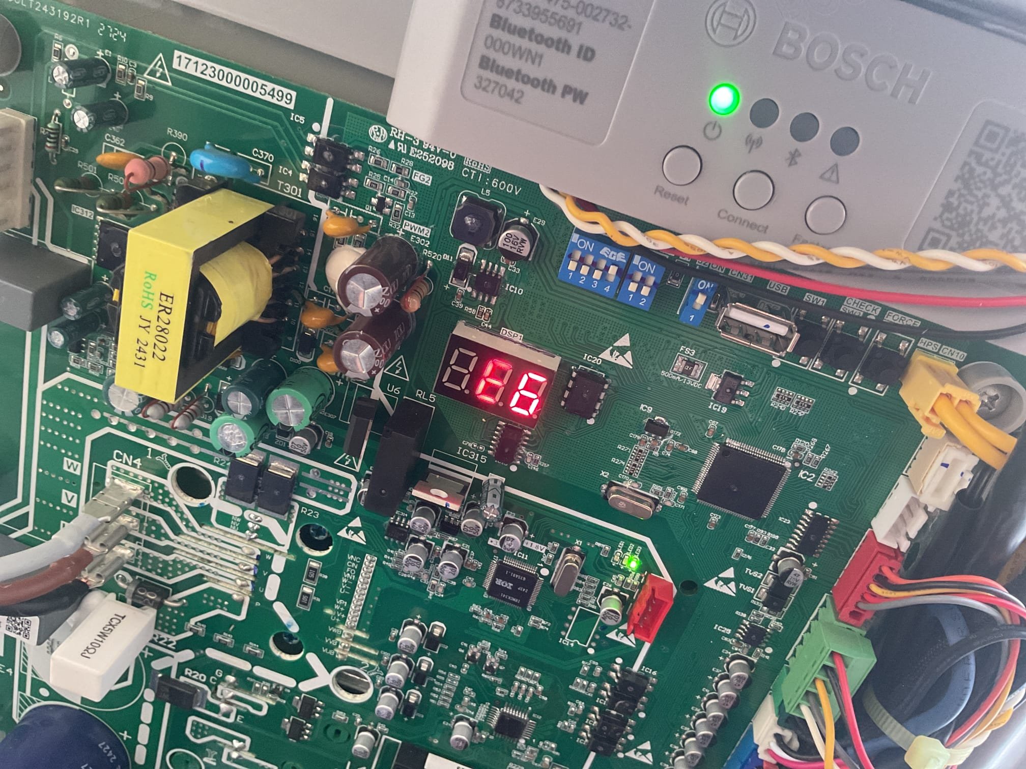 C1107544 part # 8733953149. Fully assessed no heating situation on Bosch heat pump installed January 29, 2025.  Went outside to heat pump and found it locked out on an e6 error code. This code means bad fan motor. Called Bosch tech support to verify. Motor failed the ohms test and also failed the dc voltage test. Control board is sending out the correct dc voltage. Listed part # for motor to order condenser fan motor. Put system into emergency heat for now. Need to order correct part. 