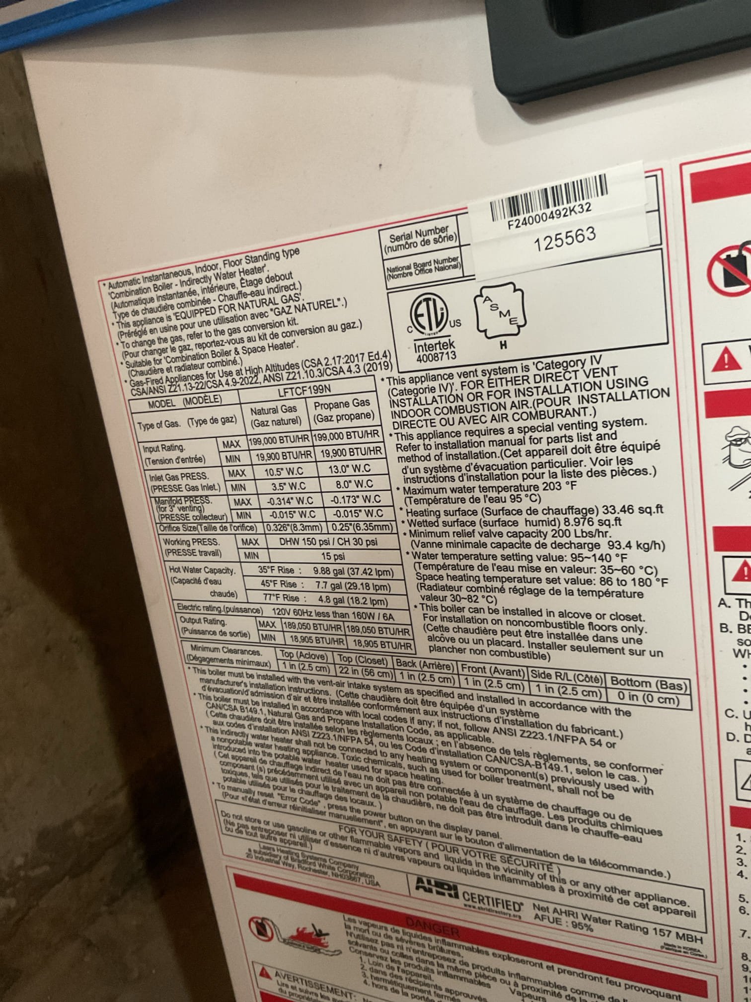 Completed QA for Laars combi boiler install.

Inspected all aspects of install: mechanical, piping, wiring, control settings.

Zone valve wiring Good
Domestic water hi setpoint is 140°F for use with 3-way mixing valve. Measured water temperature at hot tap at sink 120°F

Changed warm weather shutdown temperature to 68°F meaning the boiler will not operate in space heating mode when outdoor temperature is 68°F or warmer. 

Performed combustion test in LO and MAX fire modes and found %CO2 to be within range. (8.5%)

Homeowner says the first floor thermostat has been inaccurate. It is measured 4° lower than my temperature probe. It is a Honeywell round electronic. And what I noticed is the W contact opens a little before the thermostat reaches the target temperature. It is an old cloth low voltage wire that is stapled to wall. Would require a 2 wire thermostat and EIM to upgrade first floor thermostat. Homeowner says she’s not too concerned doesn’t want an estimate at this time. 

Boiler 