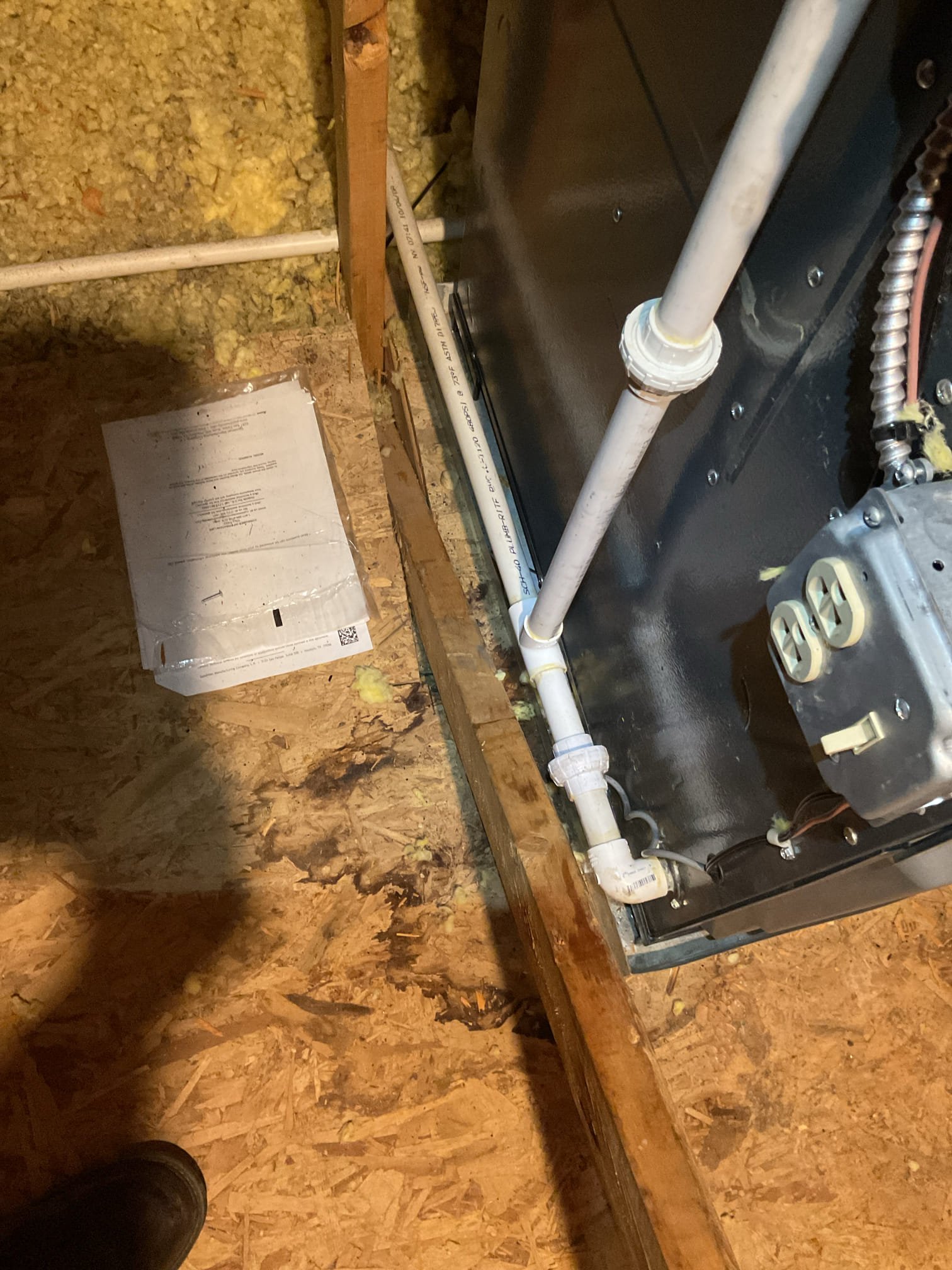 Luis 2-4-26 customer called in for no heat in second floor heater, Amana heater from 2022 located in attic, found water sensor tripped, I check operation, I found union leaking from connection, I provided estimate to clear 3/4 drain, inspect piping and repair union. Customer approved repair. Remove union and applied primer/pvc cement, flush drain clear furnace trap. Clean sensor. Ok no issues found with drain. Other than union came loose. Would recommend adding insulation to the 3/4 pvc pipe and also potentially adding heat tape cord. Customer will buy heat tape and cord. 