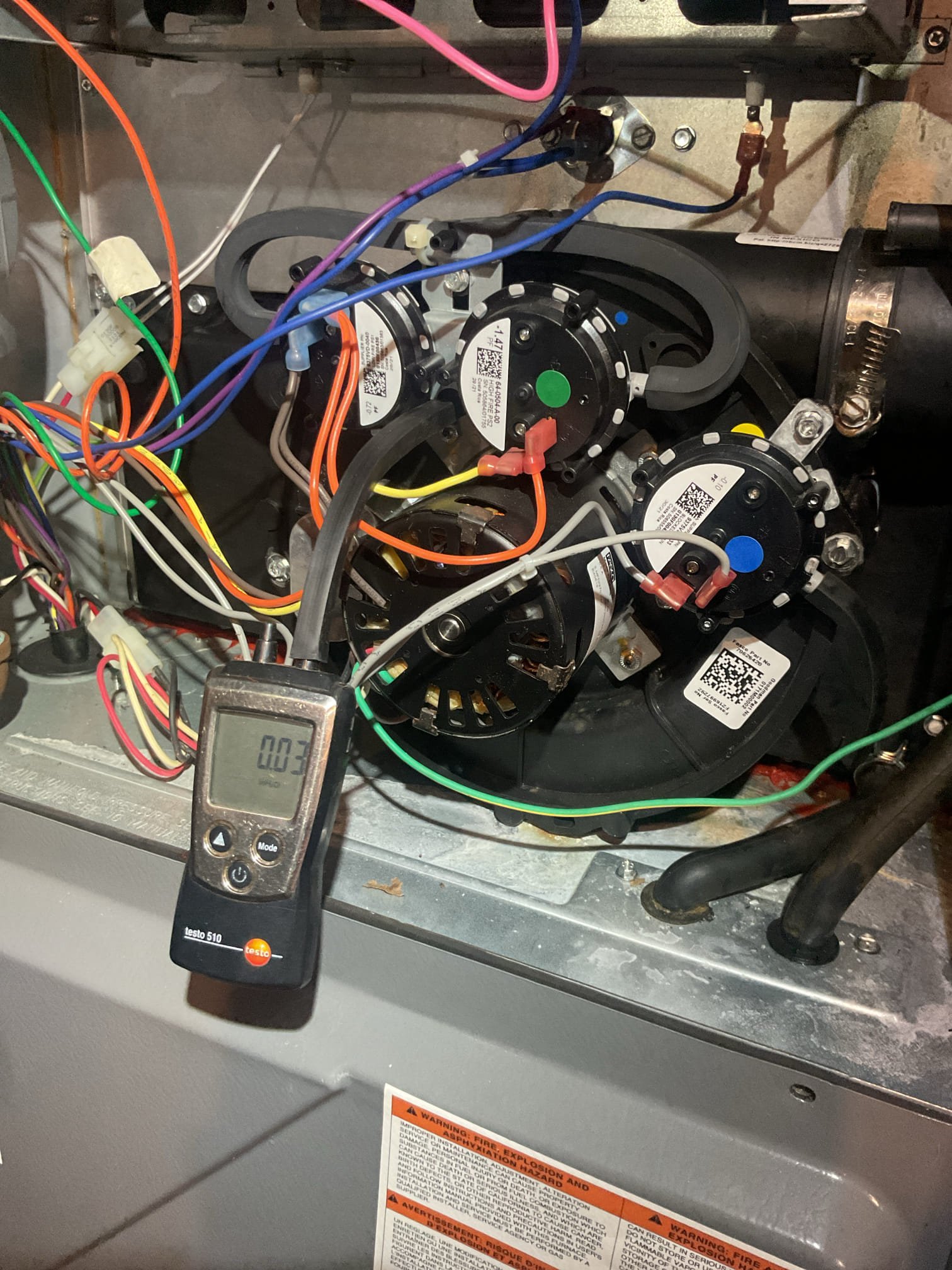 2/5/26
Liz and Barry.

Disassembled inducer. Removed leaking secondary Heat exchanger cover plate.
Caulked bottom seam with cover removed and allowed to dry.
Put new gaskets on new collector box and installed over secondary heat exchanger, ensuring torque of all screws.
Reassembled inducer and pressure switches.
Tested system: checked inducer draft.
Combustion test: Pass

System operating well at this time. 

Balance paid today. 