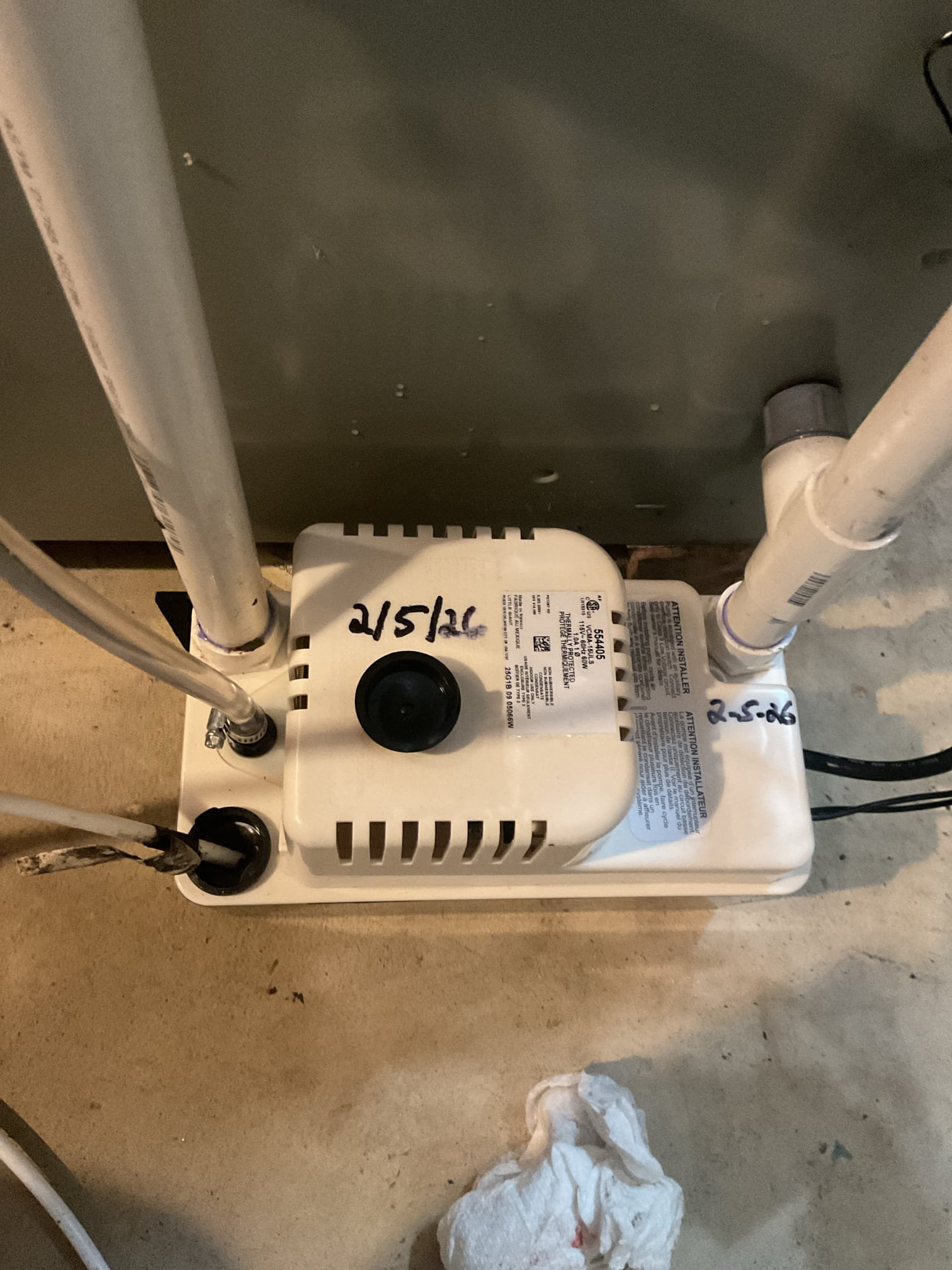 Found condensate pump struggling to discharge water. Very noisy.
Vinyl discharge tubing in very bad shape.
Drain was terminated outside and partially frozen.
Offered to move drain termination with new vinyl tubing to avoid freezing and install new pump.
Tenant texted landlord who approved invoice.

Humidifier has been leaking. Tenant replaced water panel and cleaned housing today. Needs new drain sped. He ordered one to replace on his own. I siliconed drain spud today until he can put new spud in. 
Humidifier did not leak while I was here today.

Noticed that the humidifier feed valve (saddle valve) cannot be adjusted for flow and the water pressure to the feed tray is high. Provided email estimate to replace the feed valve with a 1/4 turn ball valve style feed valve. 
Also provided email estimate for the humidifier maintenance kit which includes new feed tray and housing as well as feed tube, screen and orifice.
Sometimes the cause of leaking humidifier is a compromised orifice in fee