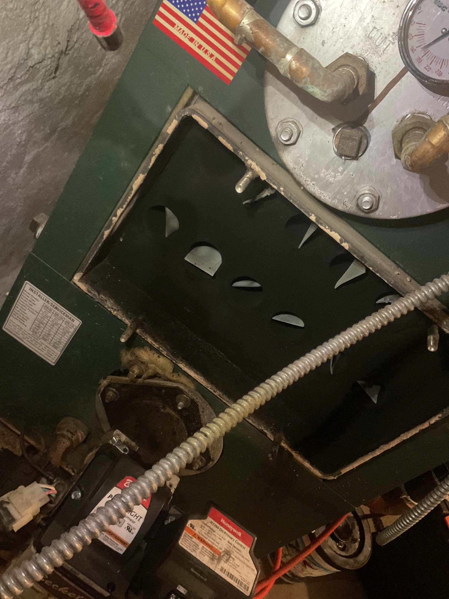 Perform precision heat tuneup on 2006 Columbia oil boiler. Checked all electrical connections and components. Replaced RF two oil filter. Replaced . 75x80 a nozzle. Found electrode tips were burnt off recommended replacing electrodes. Replaced electrodes and tested operation. Brushed so from heat exchanger and smoke pipe found air separator, head clogged up recommended replacement of head of spirovent. Performed combustion test. Oil boiler is at replacement age and would recommend getting a quote on replacement. Oil boiler is working at time of service.