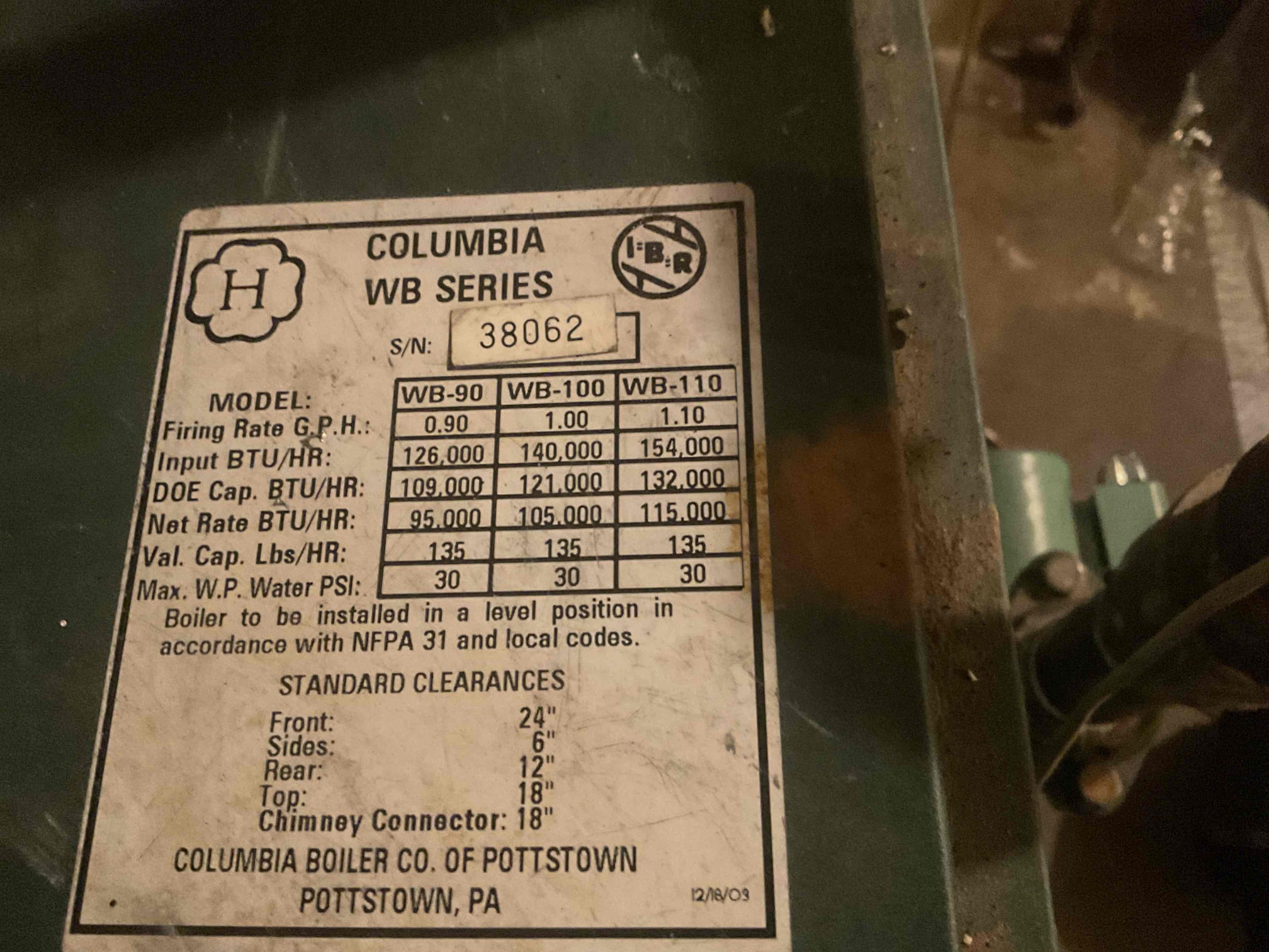 Perform precision heat tuneup on 2006 Columbia oil boiler. Checked all electrical connections and components. Replaced RF two oil filter. Replaced . 75x80 a nozzle. Found electrode tips were burnt off recommended replacing electrodes. Replaced electrodes and tested operation. Brushed so from heat exchanger and smoke pipe found air separator, head clogged up recommended replacement of head of spirovent. Performed combustion test. Oil boiler is at replacement age and would recommend getting a quote on replacement. Oil boiler is working at time of service.