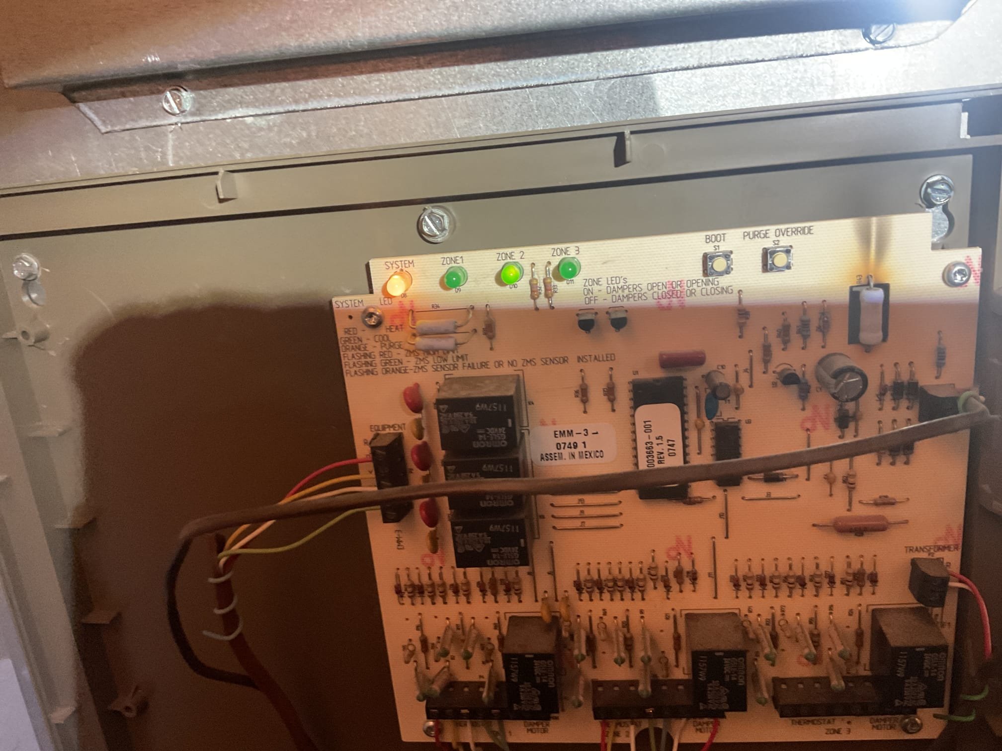 80% Gas furnace dating to 2007 with (2) Zones.
AC dates to 2020.

Issue has been them waking up to a cold house 

Zone 1 is the 3rd floor (14x12” Trunk Damper Honeywell 24V)
Zone 2 is ground floor level (10”x10” Newer damper; very difficult to access)

Zone 1 damper is getting mechanically stuck open and on one occasion during troubleshooting it got stuck closed. I can see the lever struggling to get to the point where it is closed and then get stuckThis damper needs to be replaced.

The zone control appears to be working ok but has some discoloration and burn marks. 

The ground floor zone damper (10”x10”)  is newer and working fine.

Checked over basic operations of furnace and replaced 16x25x1 air filter today. 

*For now I took the zone damper power wires out of terminals for zone 1 and it is open. So it should stay open until repairs can be made. 

My recommendation would be to replace the furnace and zone if issues at the same time. Consultations for new system is free.

Also tal