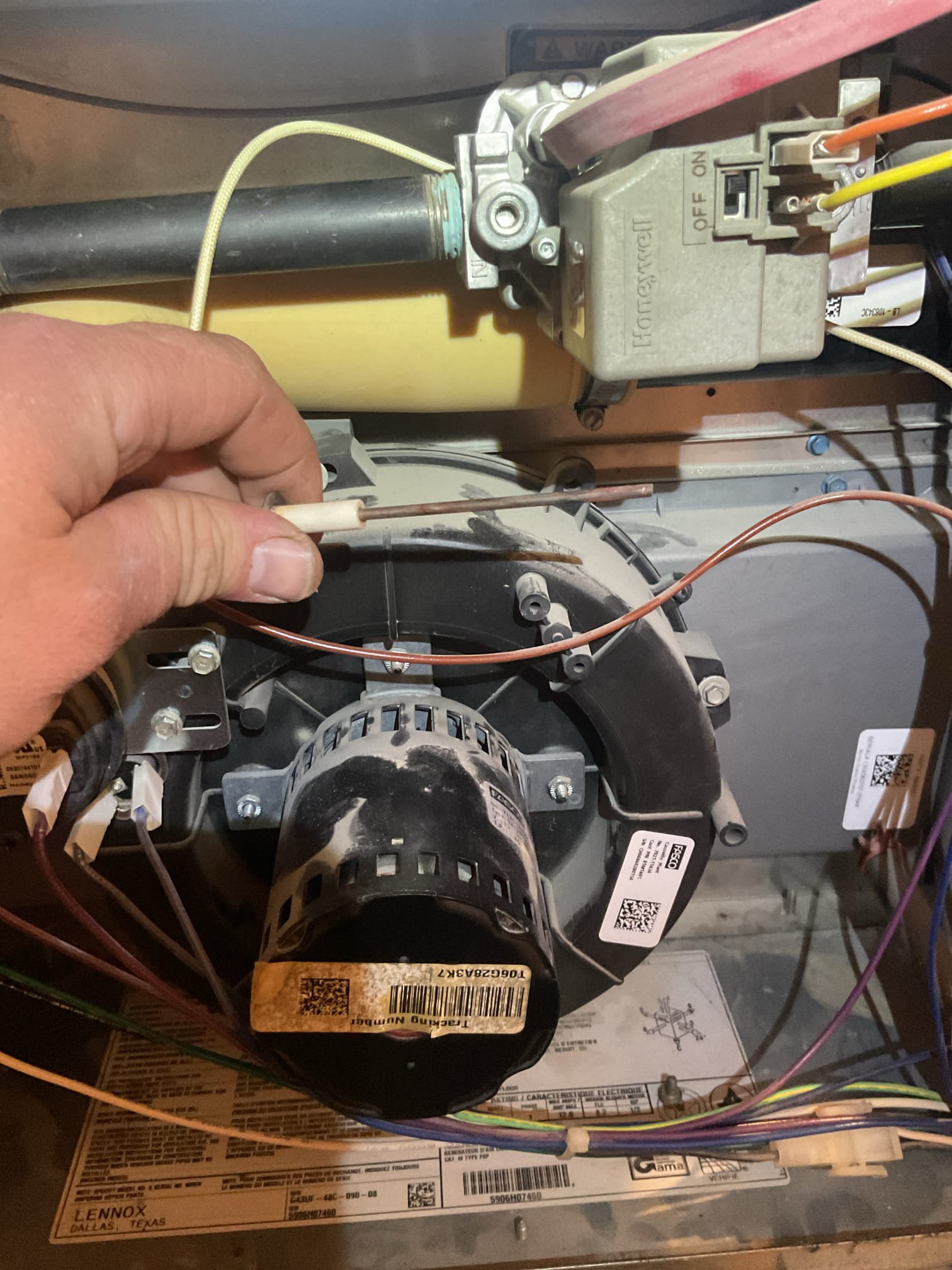 
Completed heat tune up for natural gas furnace. Furnace is 19-20 years old dates to Late 2006 early 2007

Replaced 16x25x1 filter; replace filter monthly or every other month. 
Inspected heat exchanger, burners, flue pipe, inducer assembly and hoses
Burners are  rusted. Provided email estimate to replace burners. 
Inspected hot surface ignitor and verified resistance with meter. 
Cleaned flame sensor and verified flame rectification circuit
Measured temperature rise and static pressure
Checked wiring, controls, electric motors and components; there are no surge protectors; left estimate for a surge protector for each of the 2 main circuits of system. Supply temperature was a little high (150°) with current fan speed. I bumped it up one speed in heating get within range. System is not noticeably louder having done so. 
Checked manifold gas pressure
Inspected drain and pump. Recommend drain pan safety switch and wet switch (both are water safeties) 
Combustion, draft and smoke tests: Pa