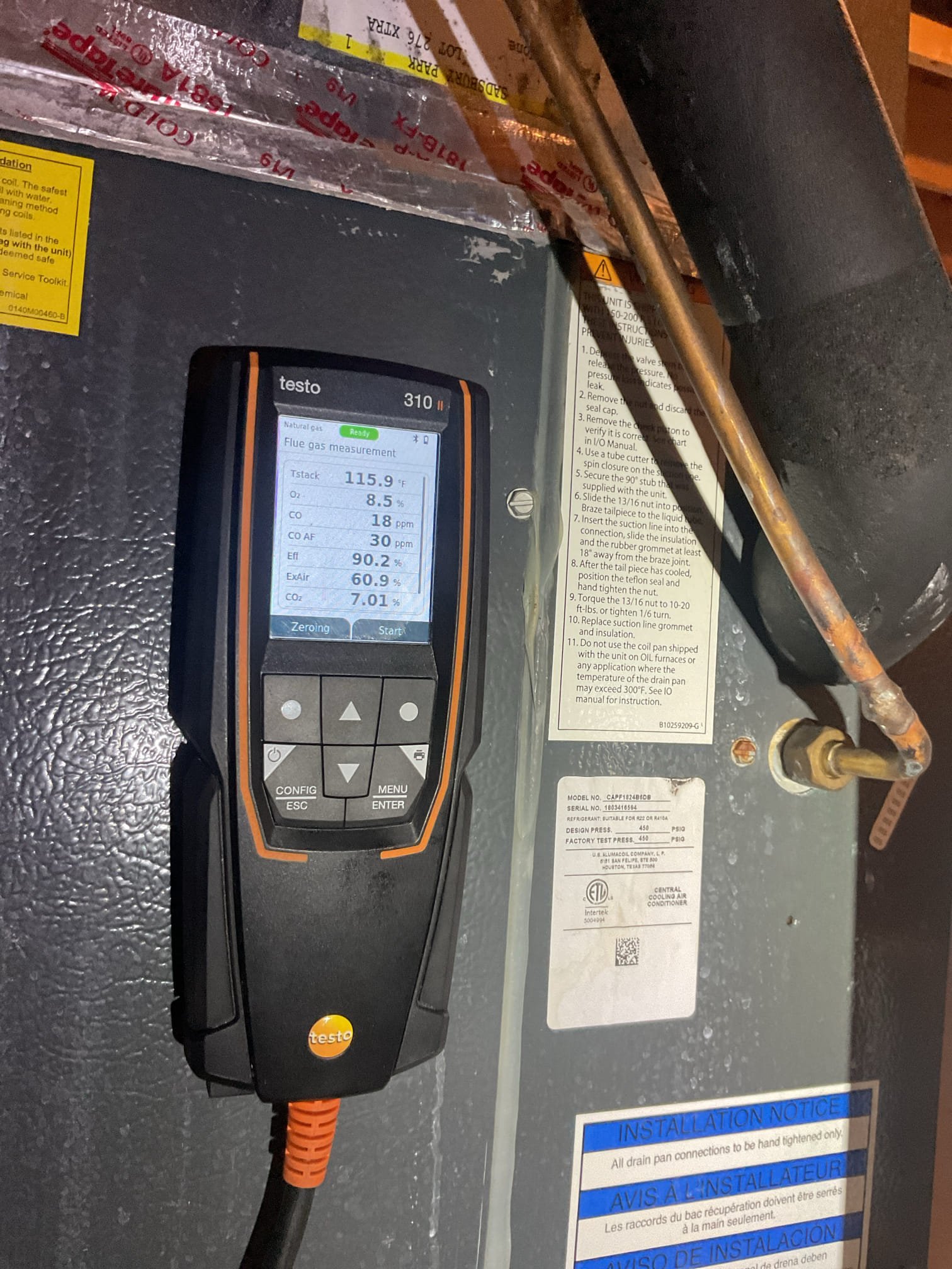 
Completed heat tune up for natural gas furnace 60,000 BTU dates to 2019. 

Replaced 16x25x1 filter; replace monthly or every other month. 
Inspected heat exchanger, burners, flue pipe, inducer assembly and hoses
Inspected hot surface ignitor and verified resistance with meter
Cleaned flame sensor and verified flame rectification circuit
Measured temperature rise and static pressure
Checked wiring, controls, electric motors and components; there are no surge protectors; left estimate for a surge protector for furnace. Homeowner said she hates her Nest  thermostat. Offered Honeywell ElitePro WiFi thermostat. 
Checked manifold  gas pressure
Inspected drains. There are no water safeties. There is a float switch but equipment is not in a pan. Left estimate for wet switch/flood safety and left another estimate for EZ trap which is an AC drain overfill protection switch that also allows for cleaning of drain line. 

Combustion, draft and smoke tests: Pass

Gas furnace is operating well at th