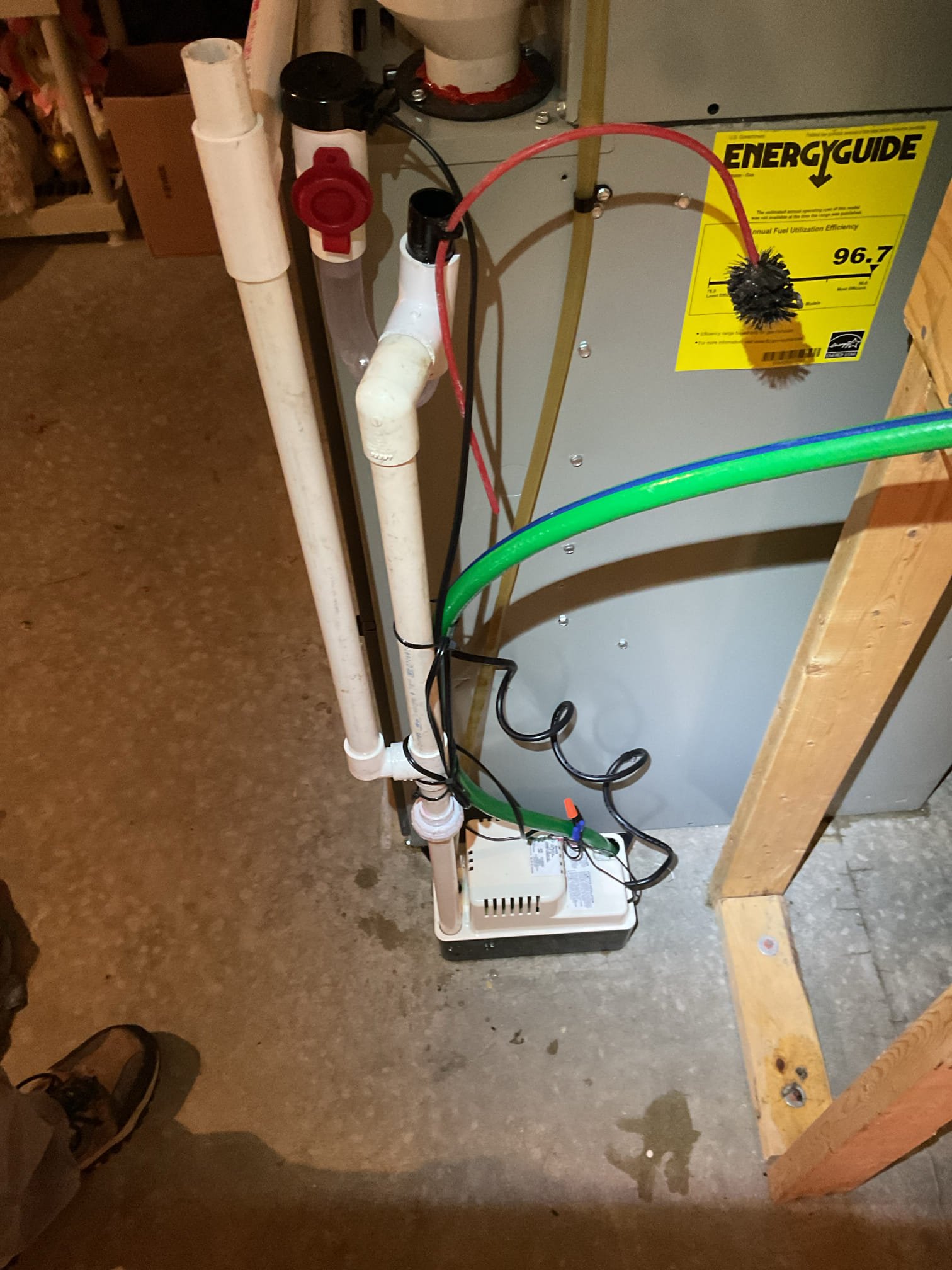 Luis 2-7-26 customer called in for water leak, check operation upon arrival, heat is working, I noticed leak was coming from clogged 3/4 drain line. I provided estimate to cut pipe and add separate drain line for humidifier, I also recommended replacement of pump. I talked to Chris and he approved repairs. After repairs test system operation ok condensation pump ok. I wired ez trap safety switch to unit ok. Cycle heater couple times ok. No more leaks. 