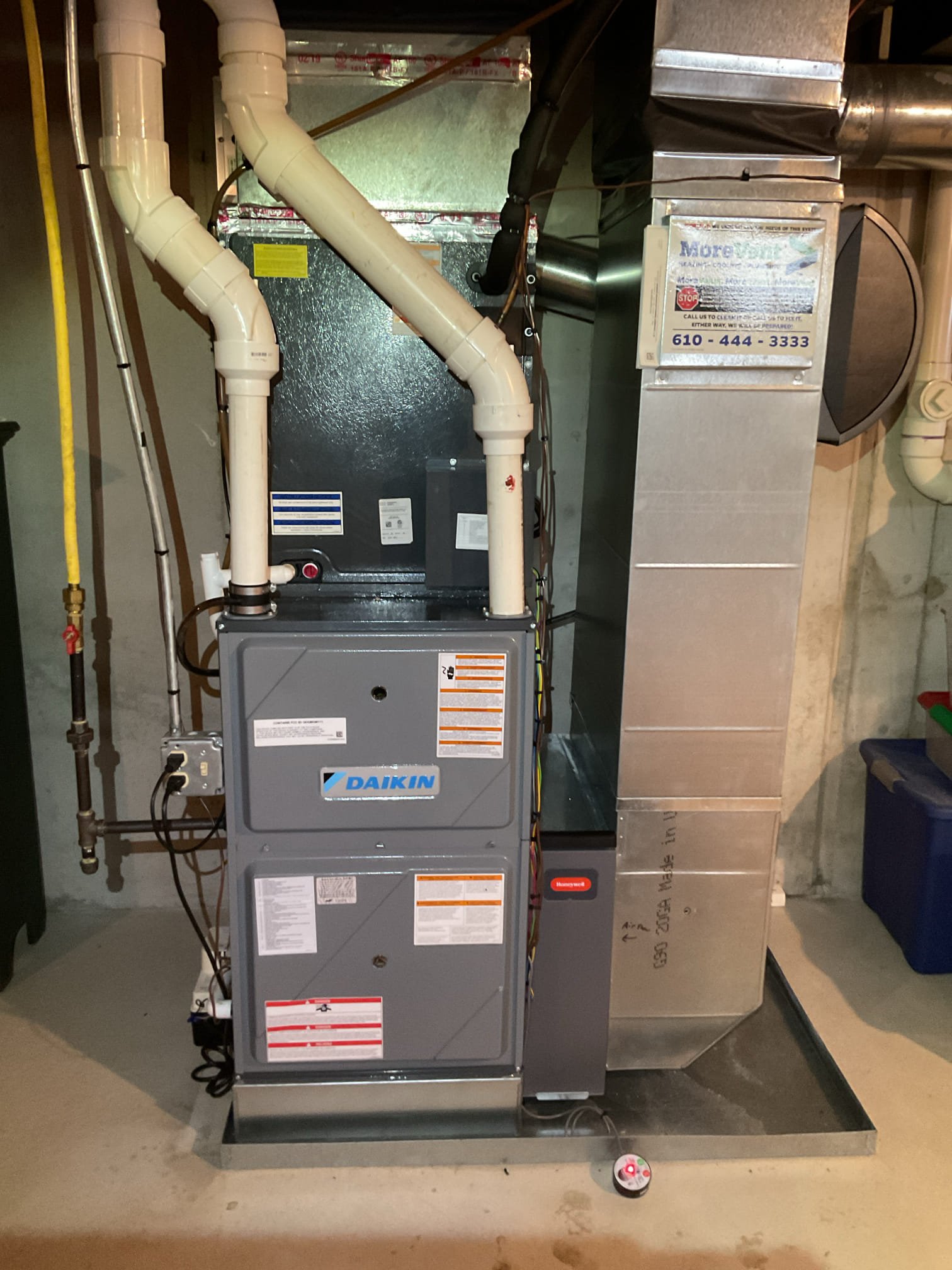 I arrived to the customers home to service their 6 yr old daikin 95% gas furnace system. 
I started with checking the air filter and found good , the filter size is 20x25x4 the customer supplies the filters. I checked all my electrical connections and voltages. I inspected and tested the  burners , flame sensor and the igniter. I water tested all tubing and hoses. I inspected the exhaust and fresh air pipe for restrictions and bellies. I inspected the inducer and the blower motor operation. I checked and tested for combustion and took temp rise splits at the return and the supply. Everything is running fine at this time of service. 

I cleaned and serviced the humidifier Honeywell bypass type humidifier with a #35 water panel. This was the cause of the water leak that tripped to wet switch. And ran a new 1/2 tubing for the humidifier to the pump. I collected for $367.55 original price was 451.70 she had a coupon for free diagnostic, I got approval from the office for the coupon. Paid b