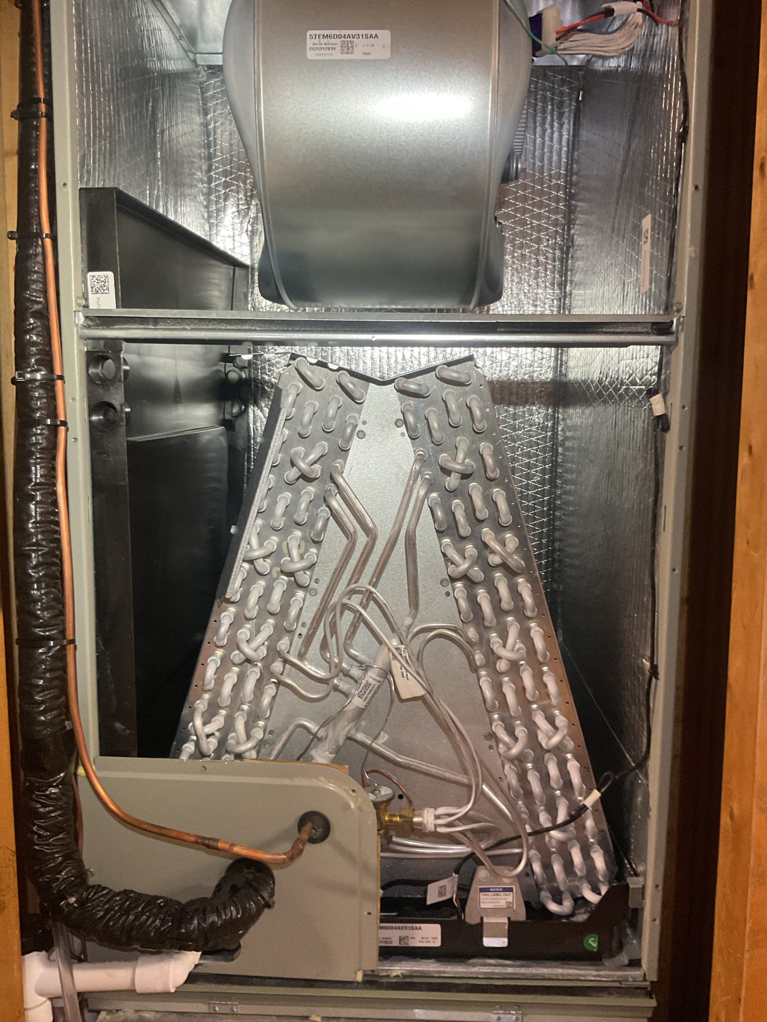 Issue was unit cutting off every 2 minutes or so. There were no error codes at controls. House got to 63°F overnight. We installed system last July. 

20x23x1 filter was very dirty. Last replaced 12/8/25 by Win. Presumably dirty filter was causing hi pressure switch opening and shutting equipment off.
Replaced filter and tested system. Unit no longer cutting off for any reason

Completed heat tune up for 3 Ton heat pump with 10KW electric heat kit,

Indoor and outdoor coils in good condition.
Inspected wiring, controls, electric motors and components. 10KW electric heat kit 40A: Good. Left estimate for smart/wifi thermostat to allow for control of electric heat use based on outdoor temperature. 
Measured temperature rise and static pressure
Inspected drains. 
Verified integrity of compressor and defrost cycle.
R454B Refrigerant Pressures very close to manufacturer target pressures for 40°F outdoor temperature day 278/85

Heat pump operating well at this time



