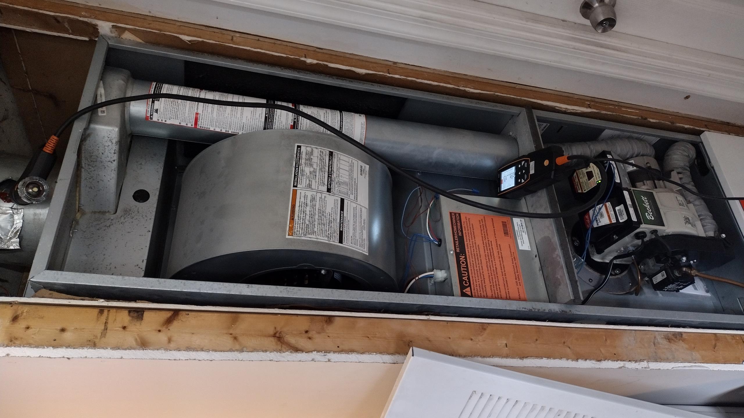 Luis 2-11-26 performed oil heater tune up mobil home heater. Heater was installed in 2021. Replace oil filter, nozzle and strainer, check oil flow. Check all electrical low and high ok. Bleed oil line and perform combustion test ok cycle oil heater ok.  Check supply and return air temps ok. Check thermostat operation ok. 