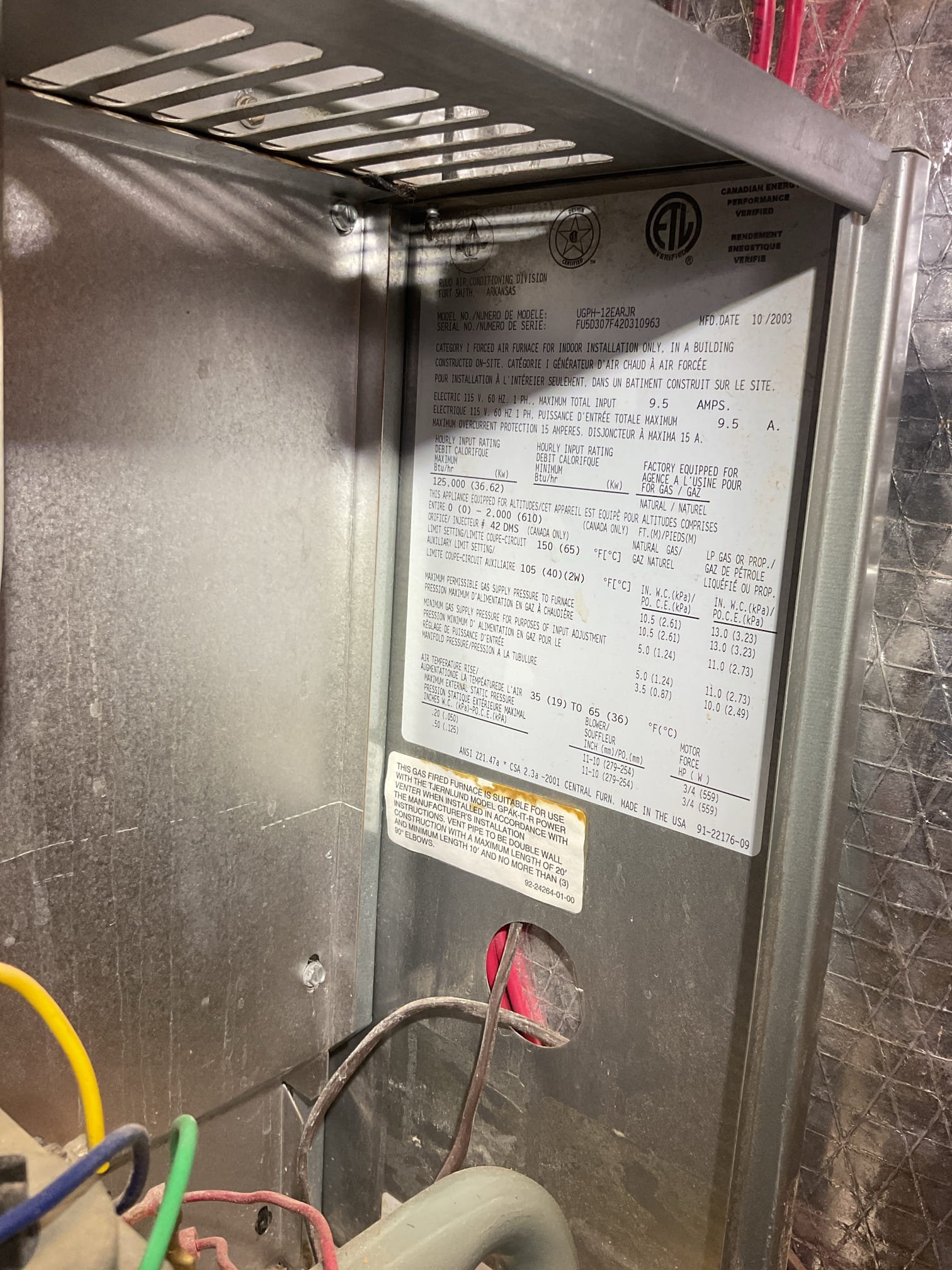 
Completed heat tune up for natural gas furnace. Ruud 80% efficiency 120,000 BTU natural gas furnace. Located on second floor of Tech center, 

Replaced 16x25x1 filter
Inspected heat exchanger, burners, flue pipe, inducer assembly and hoses
Cleaned flame sensor and verified flame rectification circuit
Measured temperature rise and static pressure
Checked wiring, controls, electric motors and components; there are no surge protectors; left estimate for a surge protector for furnace 
Checked manifold gas pressure
Inspected drain.

Combustion, draft and smoke tests: Pass

Gas furnace is operating well at this time. 

System dates to 2003. 23 years old. Although it passes safety tests and is operational, parts are no longer under warranty and major repairs are very expensive. Would strongly consider replacing this system. 