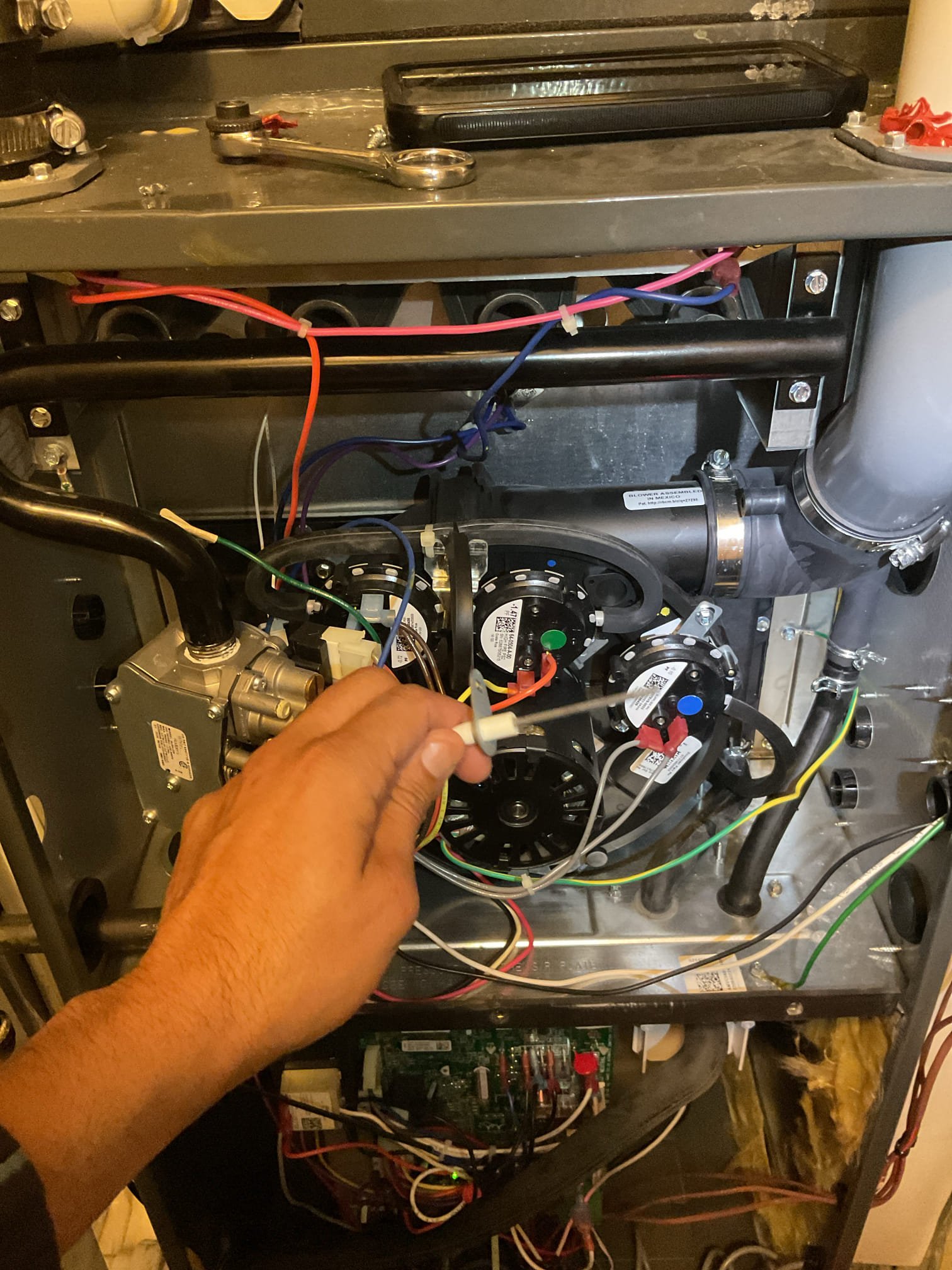 Luis 2-12-26 performed gas heat tune up on 2023 Amana 96% two stage heater. Check all electrical connections and components low and high, check air filter, clean sensor and inspect motors. Performed combustion test check airflow supply and return ok. 52 degree split. Test water sensor ok. Indoor blower does not have surge protection, inducer motor makes noise from windings, provided estimate for recommendations, replacement of inducer assembly and installing surge protection for heater. Customer also had question regards taco leak breaker noise. I helped customer resetting by unplugging cord and waiting two minutes. System came back on with green light. 